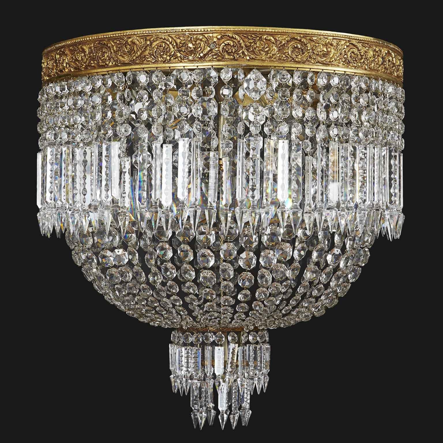 Neoclassical Large Italian Crystal Ceiling Fixture Round Flush Mount circa 1955