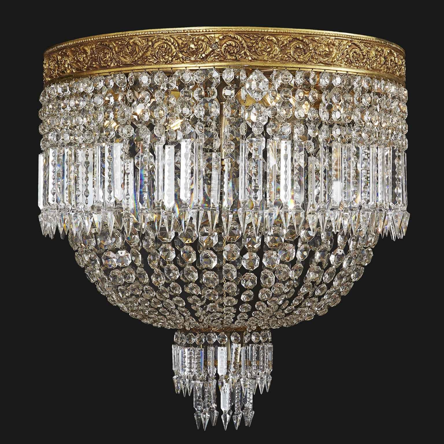 Faceted Large Italian Crystal Ceiling Fixture Round Flush Mount circa 1955