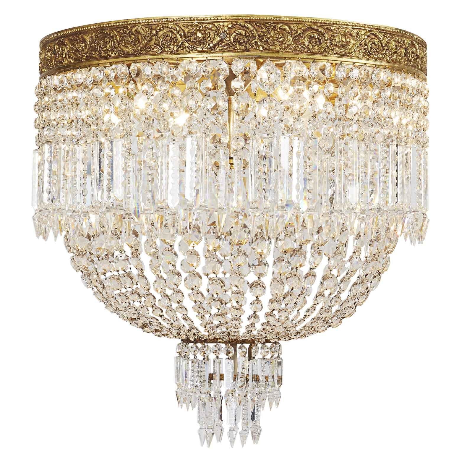 Large Italian Crystal Ceiling Fixture Round Flush Mount circa 1955 In Good Condition In Milan, IT