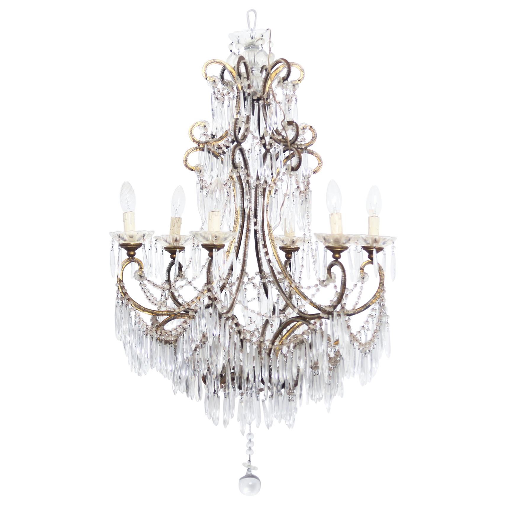 Art Deco Italian Crystal and Brass Chandelier, 1920s