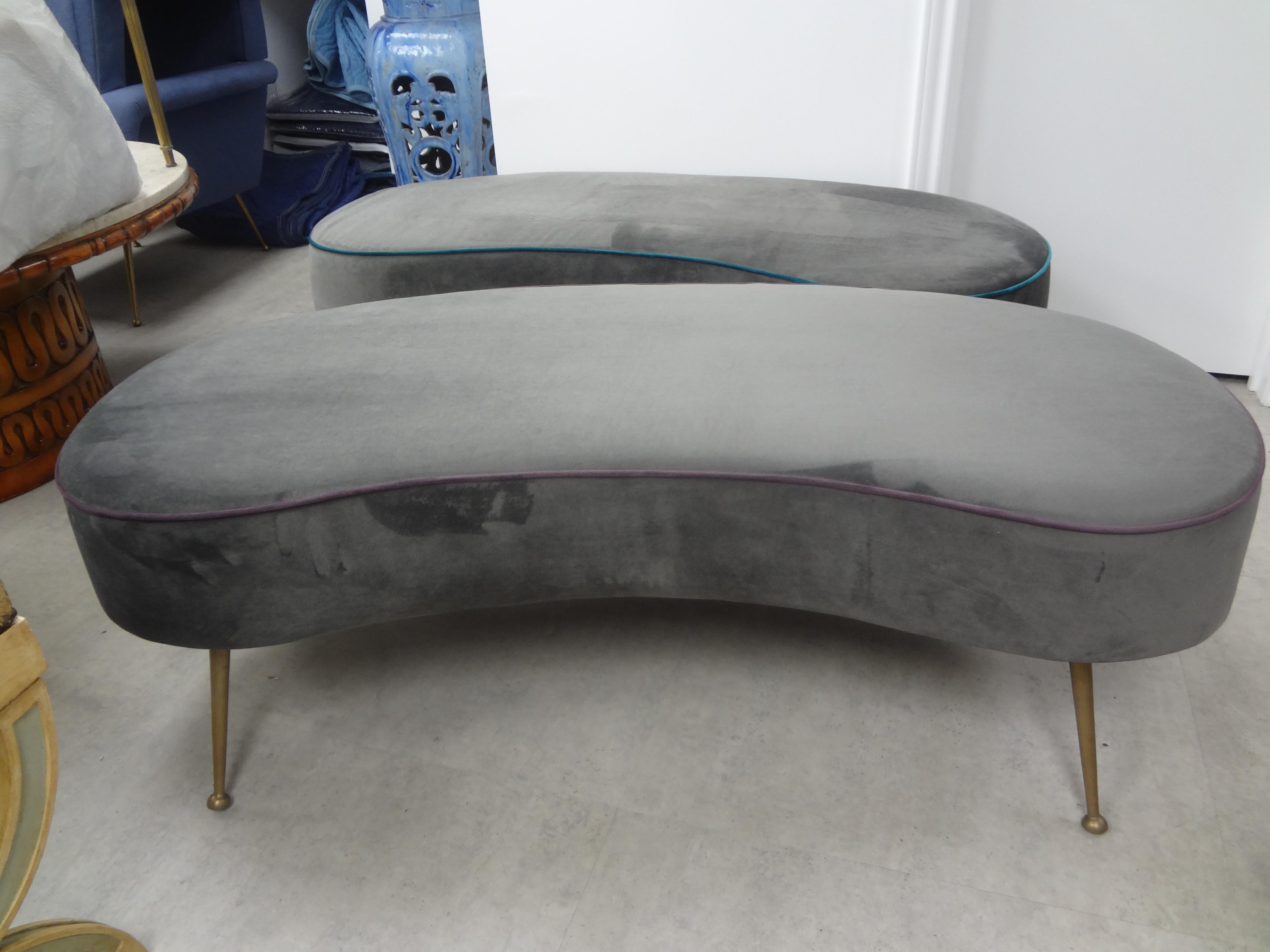 Mid-Century Modern Large Italian Gio Ponti Inspired Curved Bench with Brass Legs For Sale