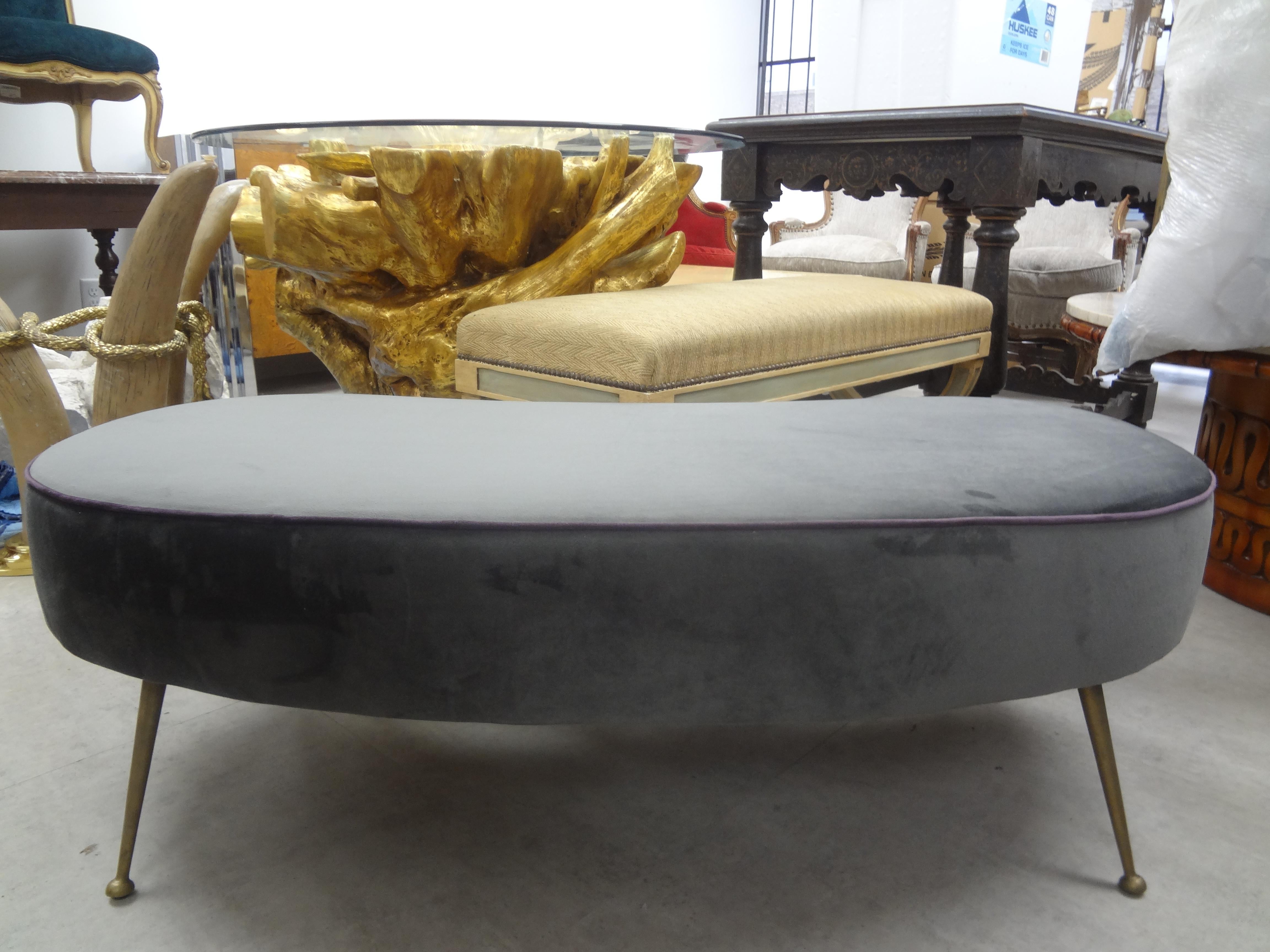 Large Italian Gio Ponti Inspired Curved Bench with Brass Legs For Sale 1