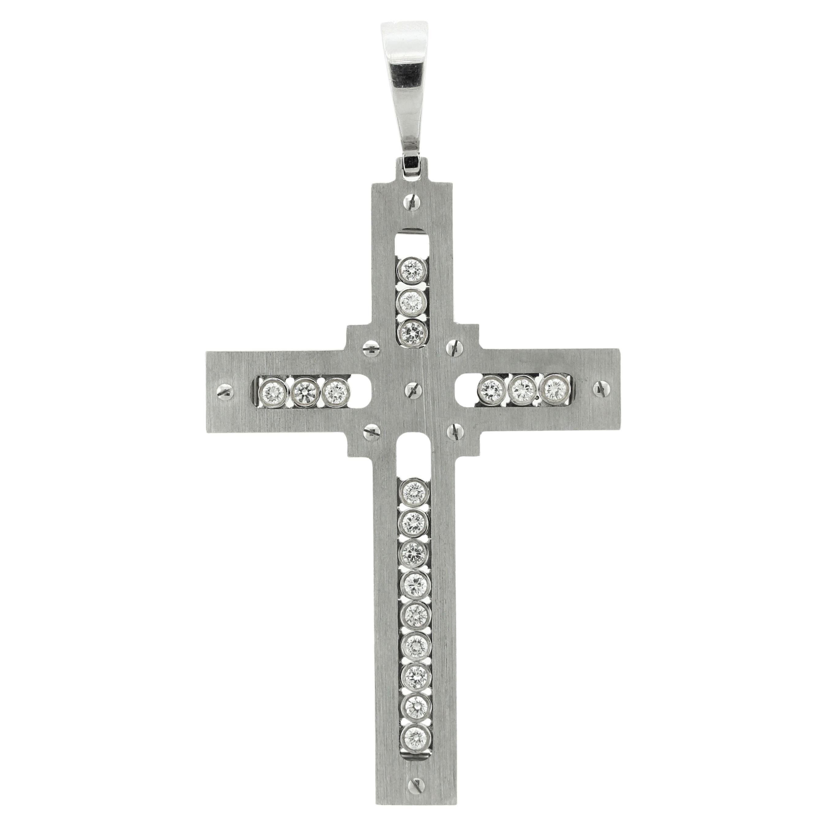 Large Italian Dancing Diamonds Gold Cross Pendant For Sale