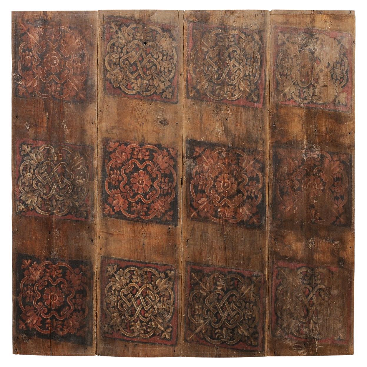 Large Italian Decoratively Painted Wooden Wall Panel, 19th C. For Sale