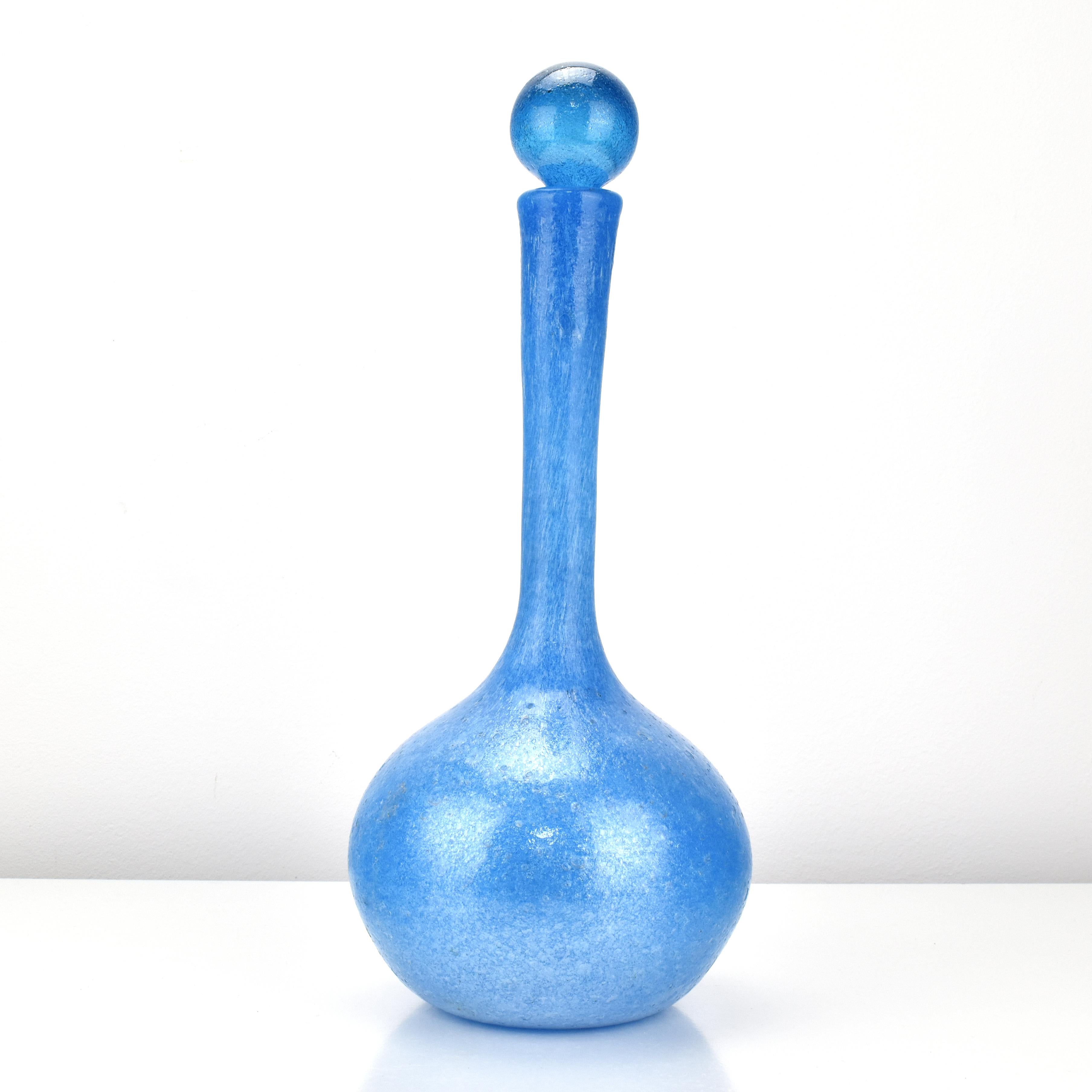 Hand-Crafted Large Italian Design Murano Pulegoso Decanter Opaque Blue Bubble Art Glass 1950s For Sale
