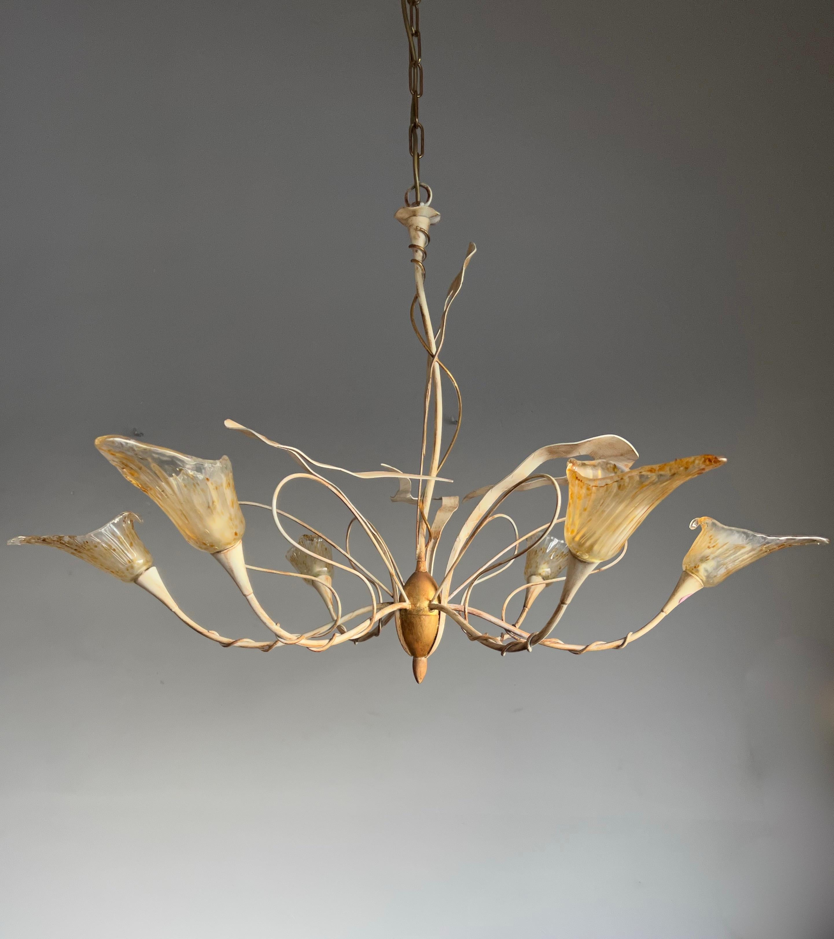 Large Italian Design Stylish Flower 6 Light Tole Pendant w. Murano Glass shades For Sale 7