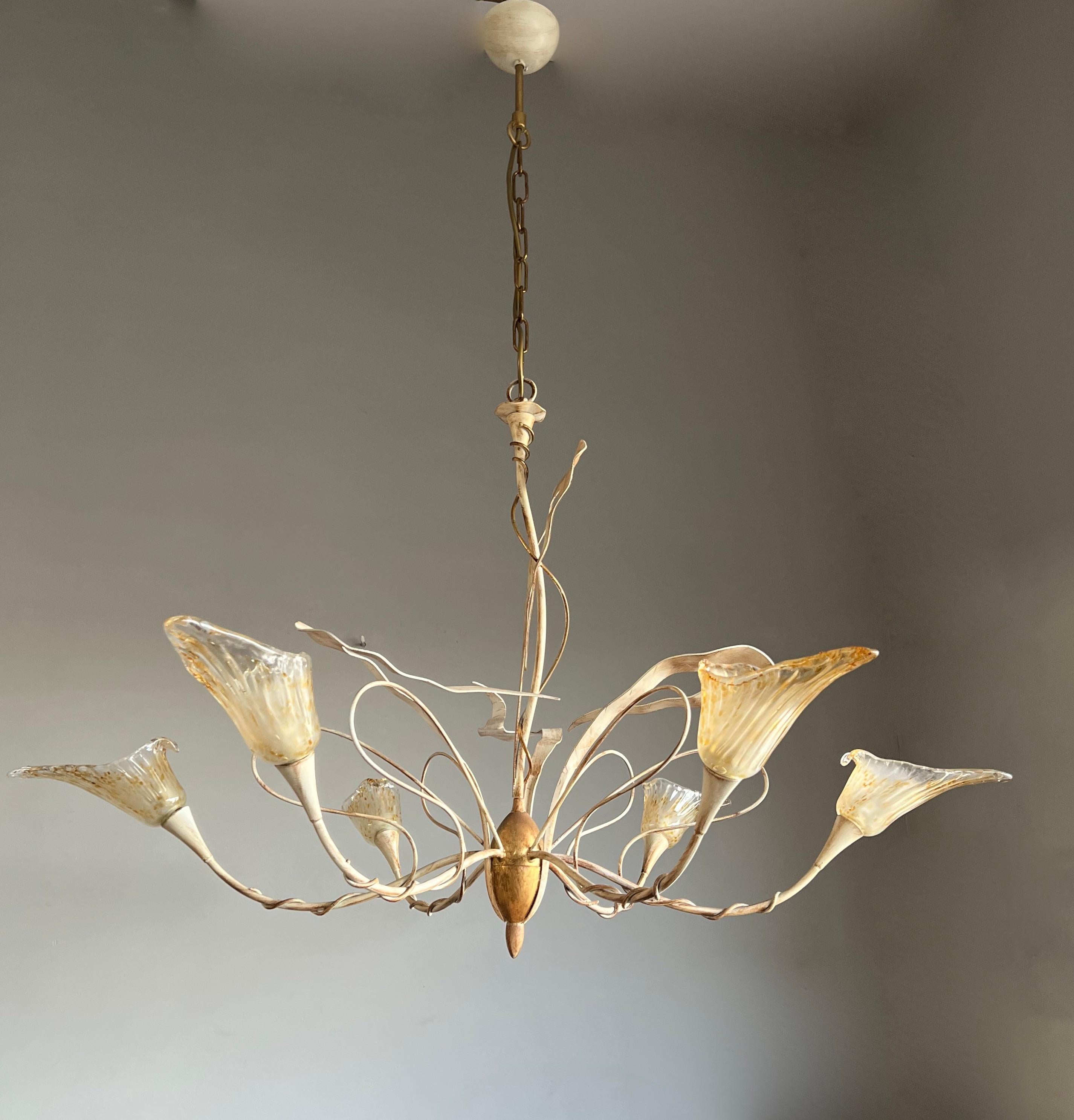 Large Italian Design Stylish Flower 6 Light Tole Pendant w. Murano Glass shades For Sale 11