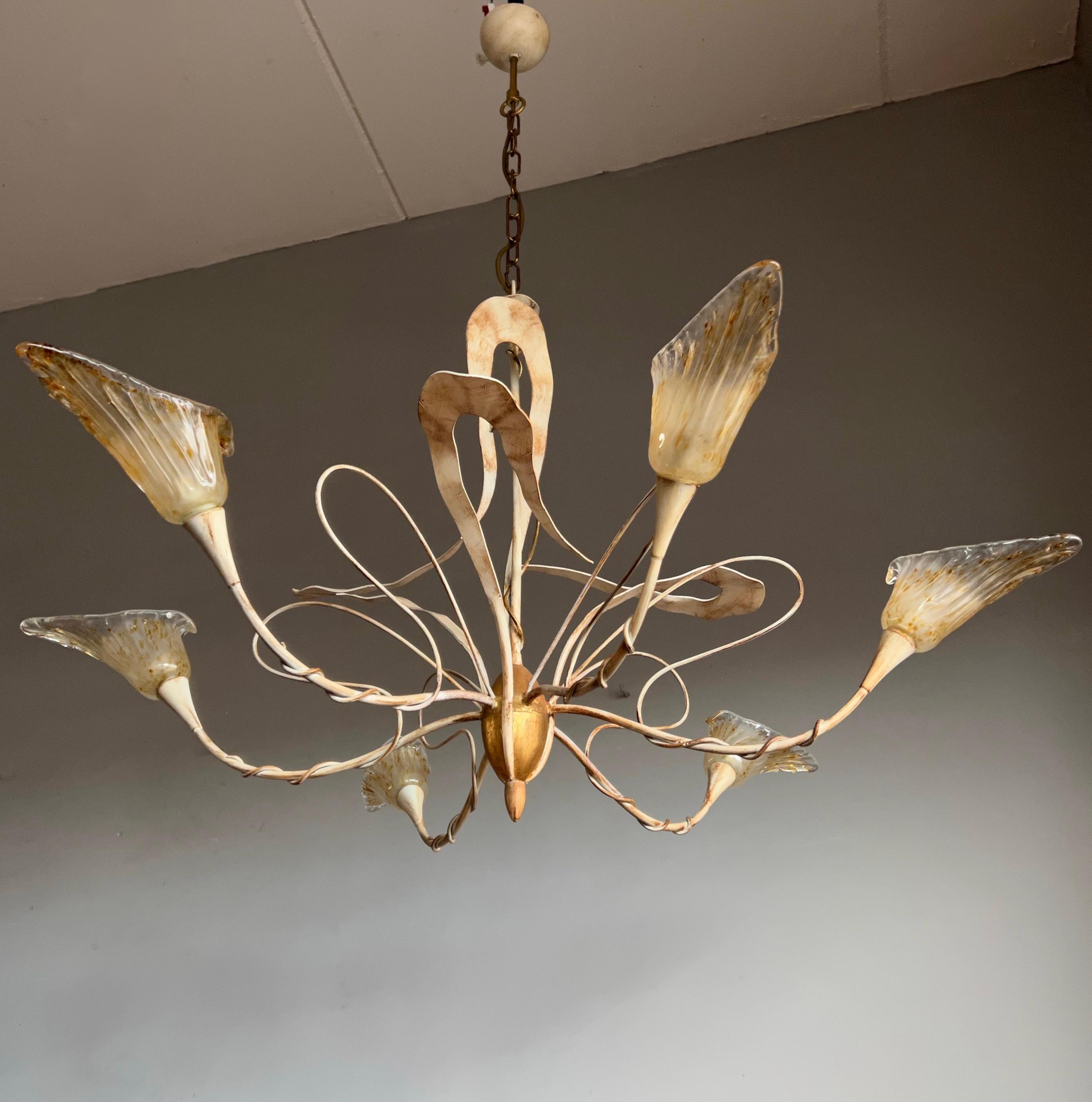 20th Century Large Italian Design Stylish Flower 6 Light Tole Pendant w. Murano Glass shades For Sale