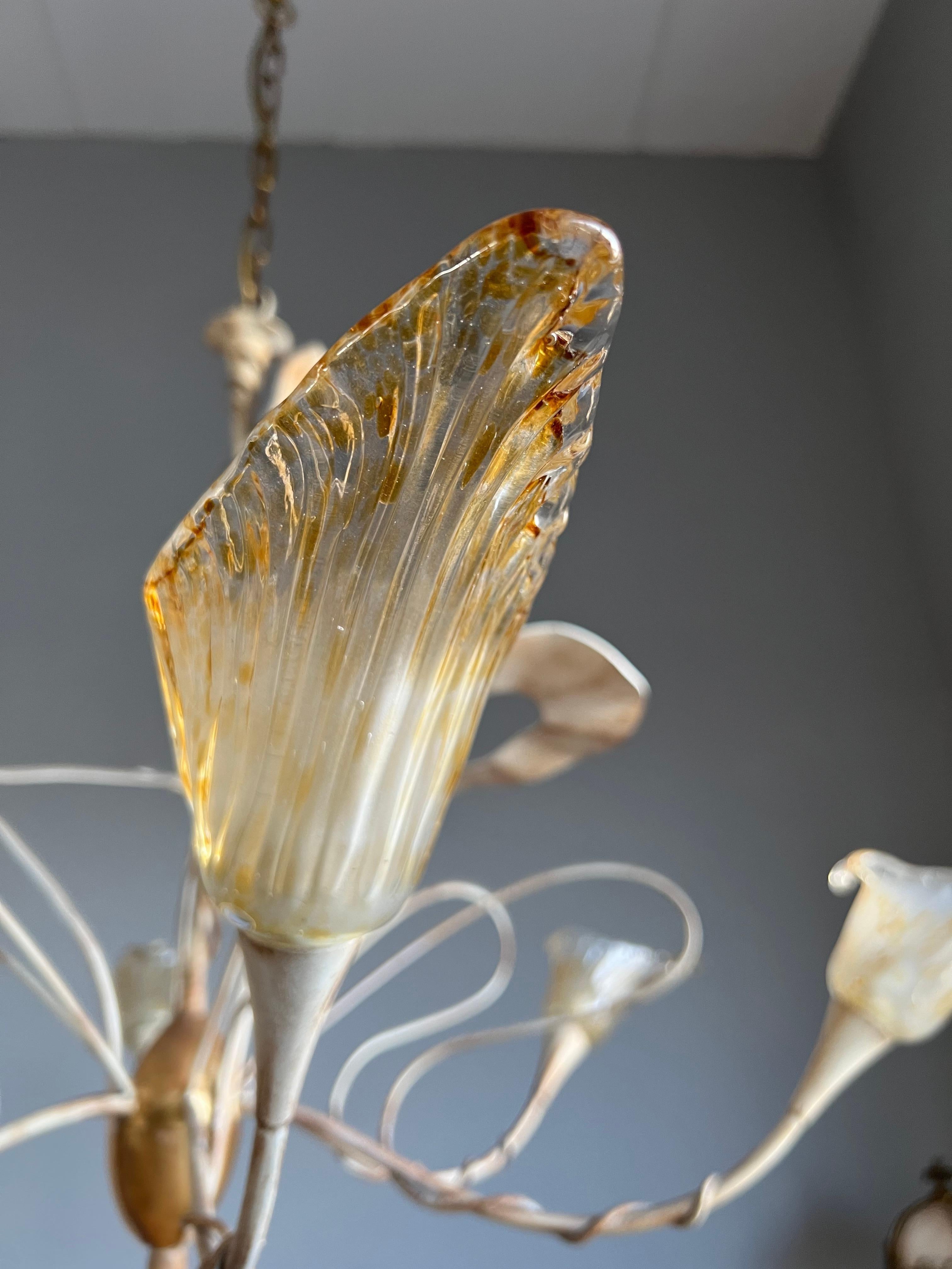 Large Italian Design Stylish Flower 6 Light Tole Pendant w. Murano Glass shades For Sale 1
