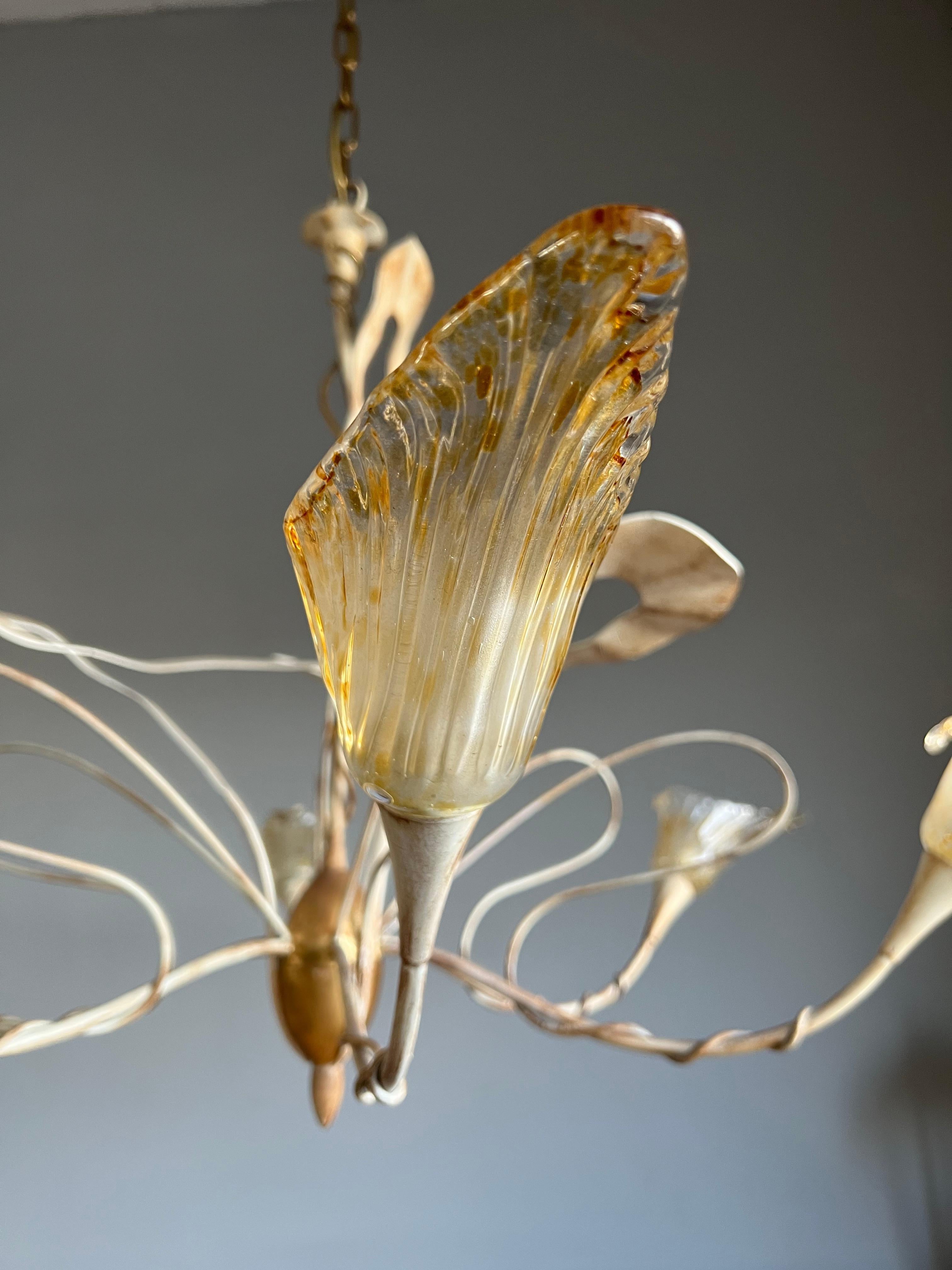 Large Italian Design Stylish Flower 6 Light Tole Pendant w. Murano Glass shades For Sale 2