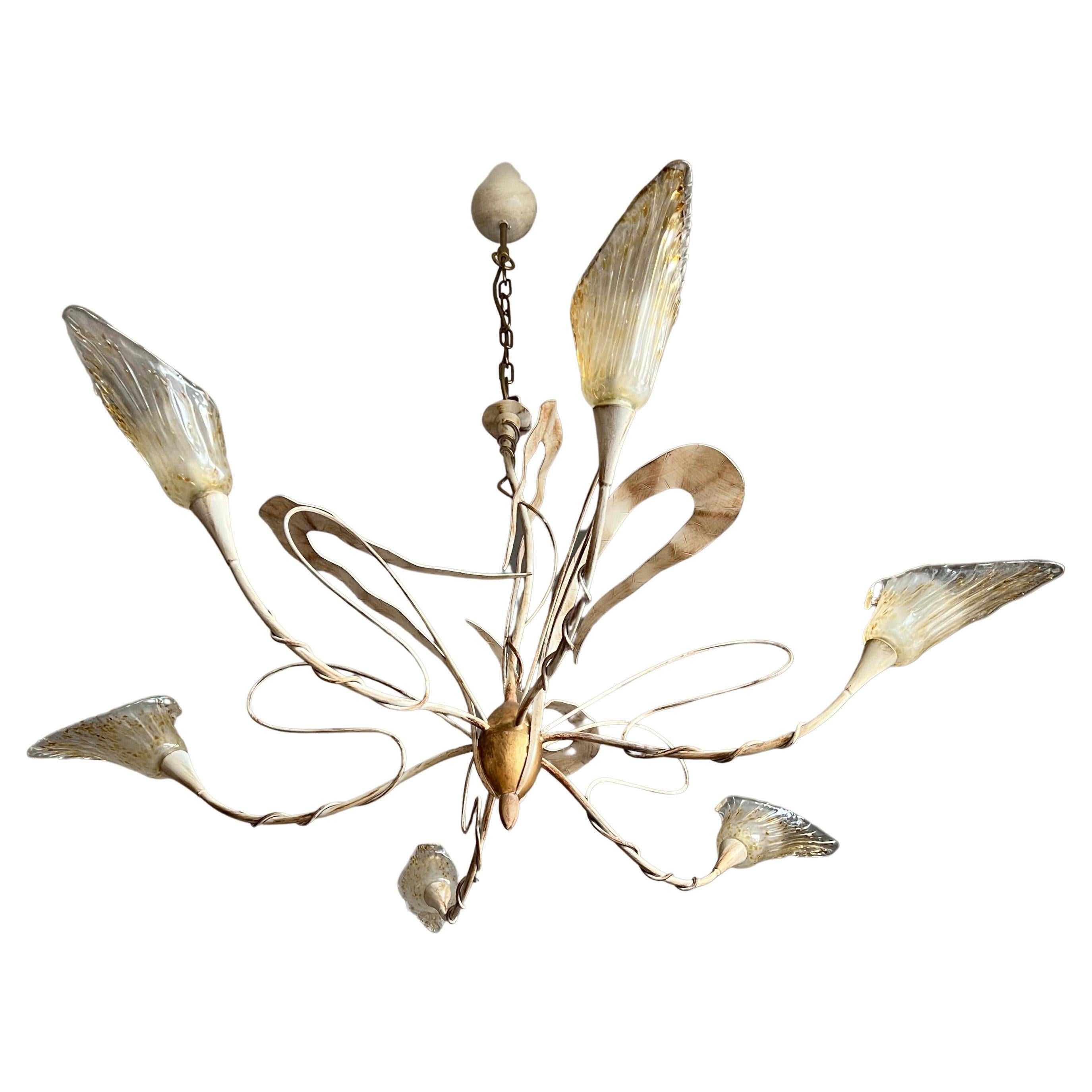 Large Italian Design Stylish Flower 6 Light Tole Pendant w. Murano Glass shades For Sale