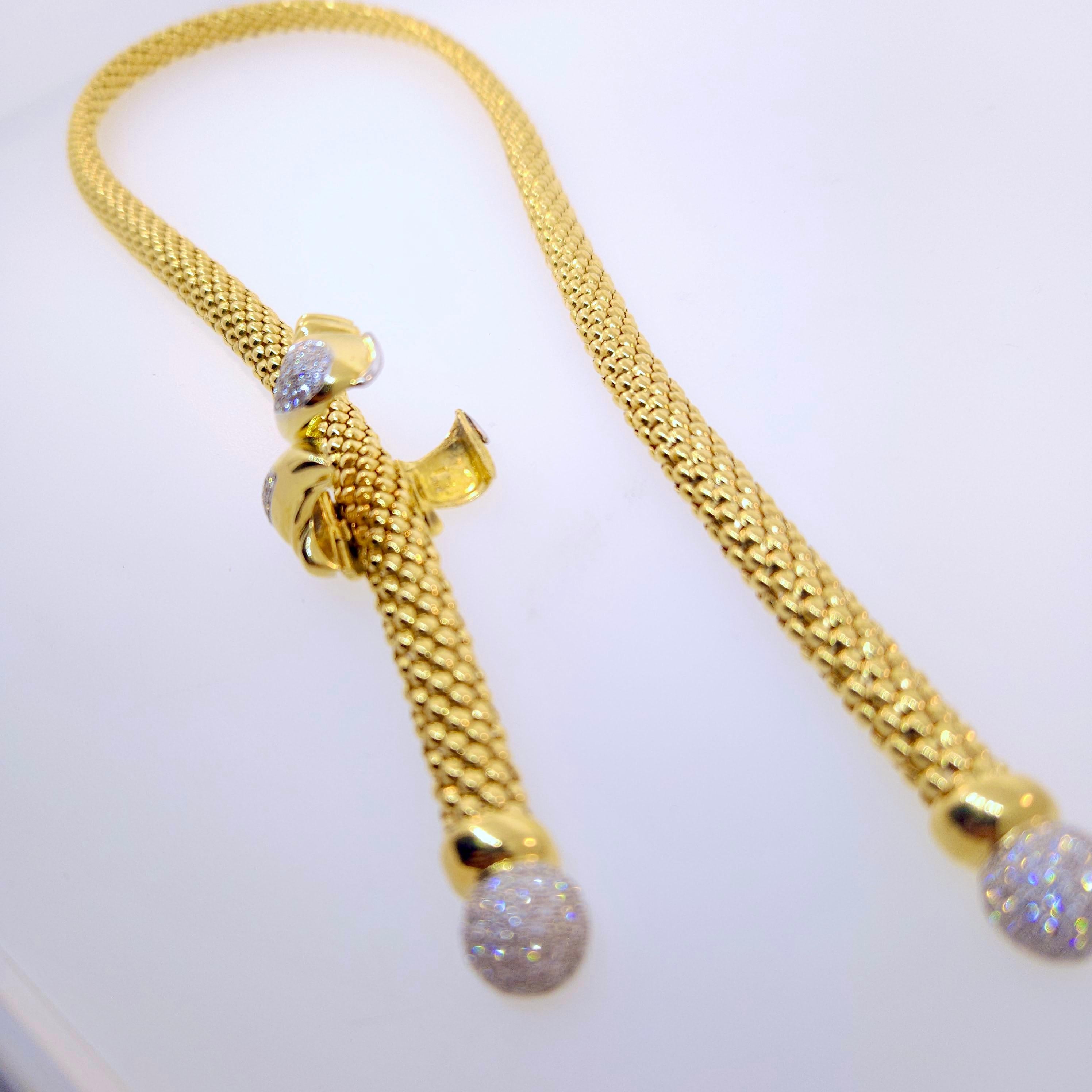 Round Cut Large Italian Designer 18k Two Tone Gold Diamond Lariat Necklace For Sale