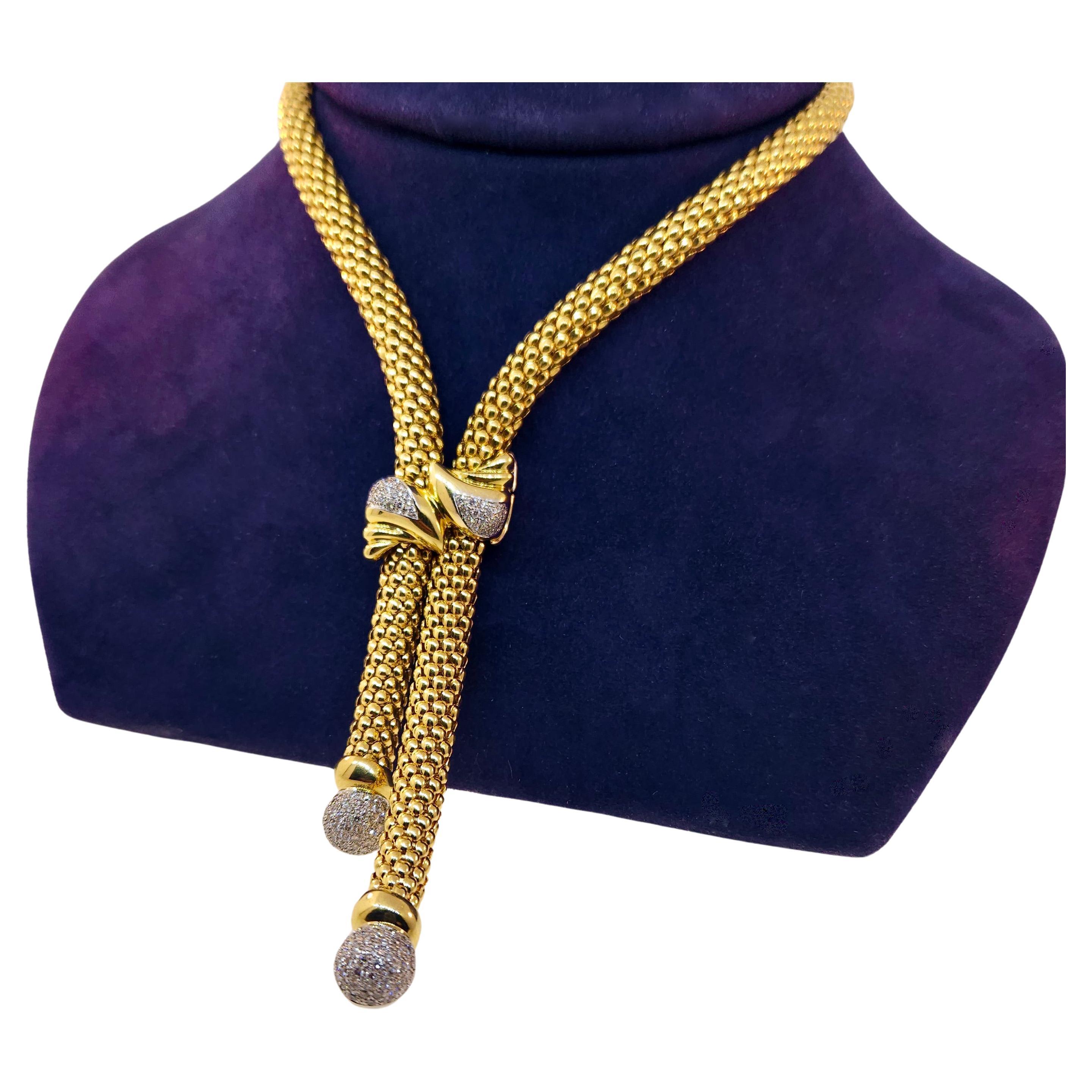 Large Italian Designer 18k Two Tone Gold Diamond Lariat Necklace For Sale