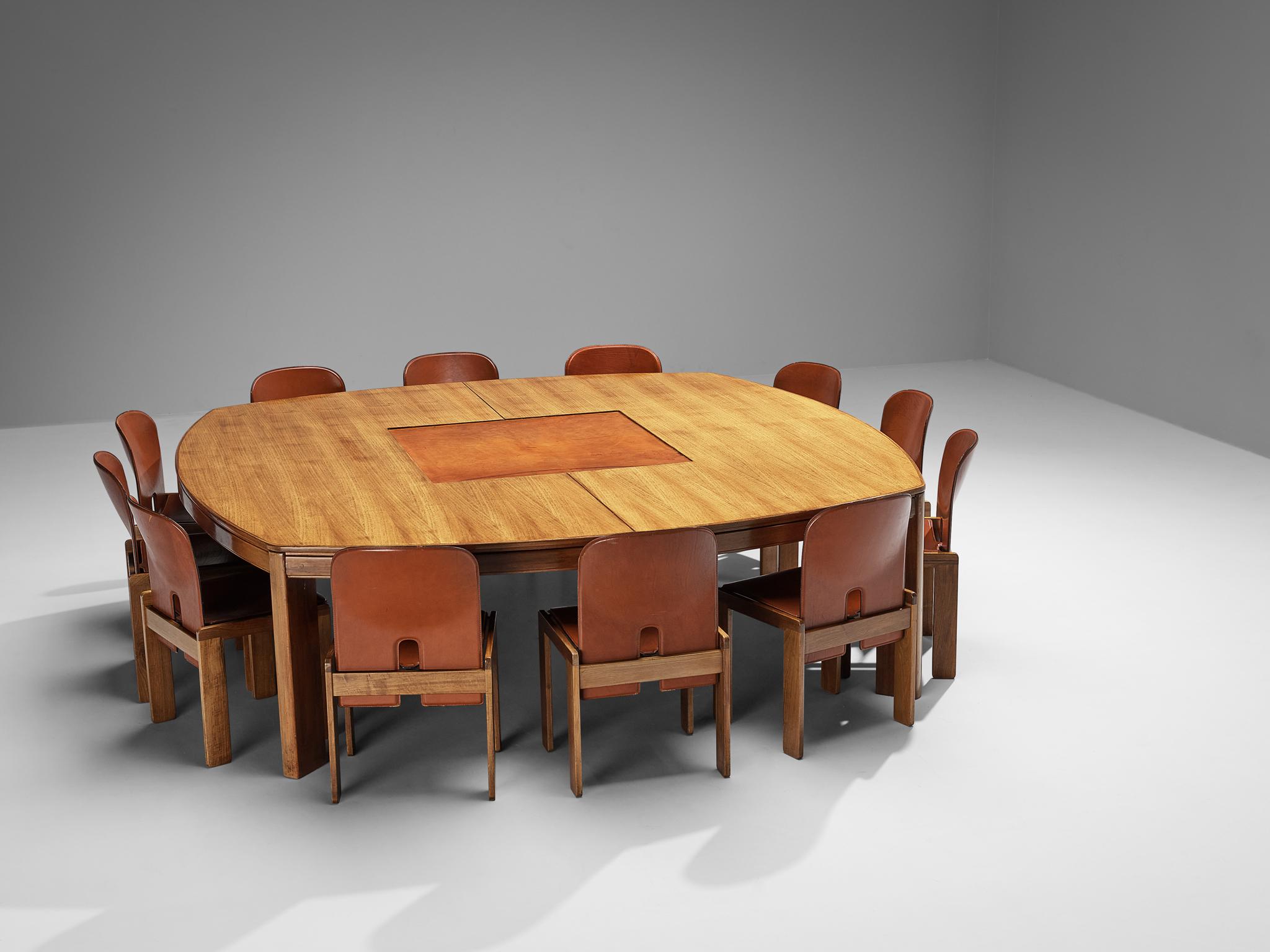 Grande table de salle à manger ou de conférence italienne en noyer et cuir cognac  en vente 4
