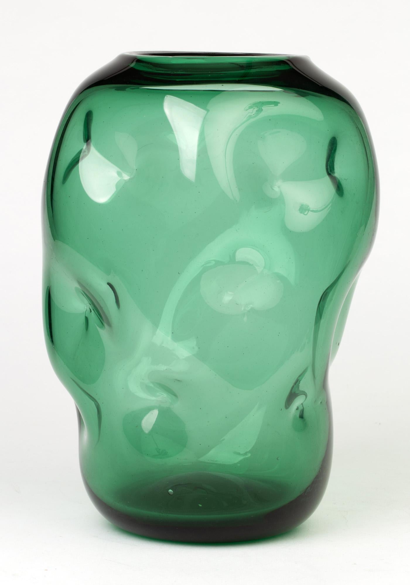 Mid-Century Modern Large Italian Empoli Green Art Glass Dimple Vase