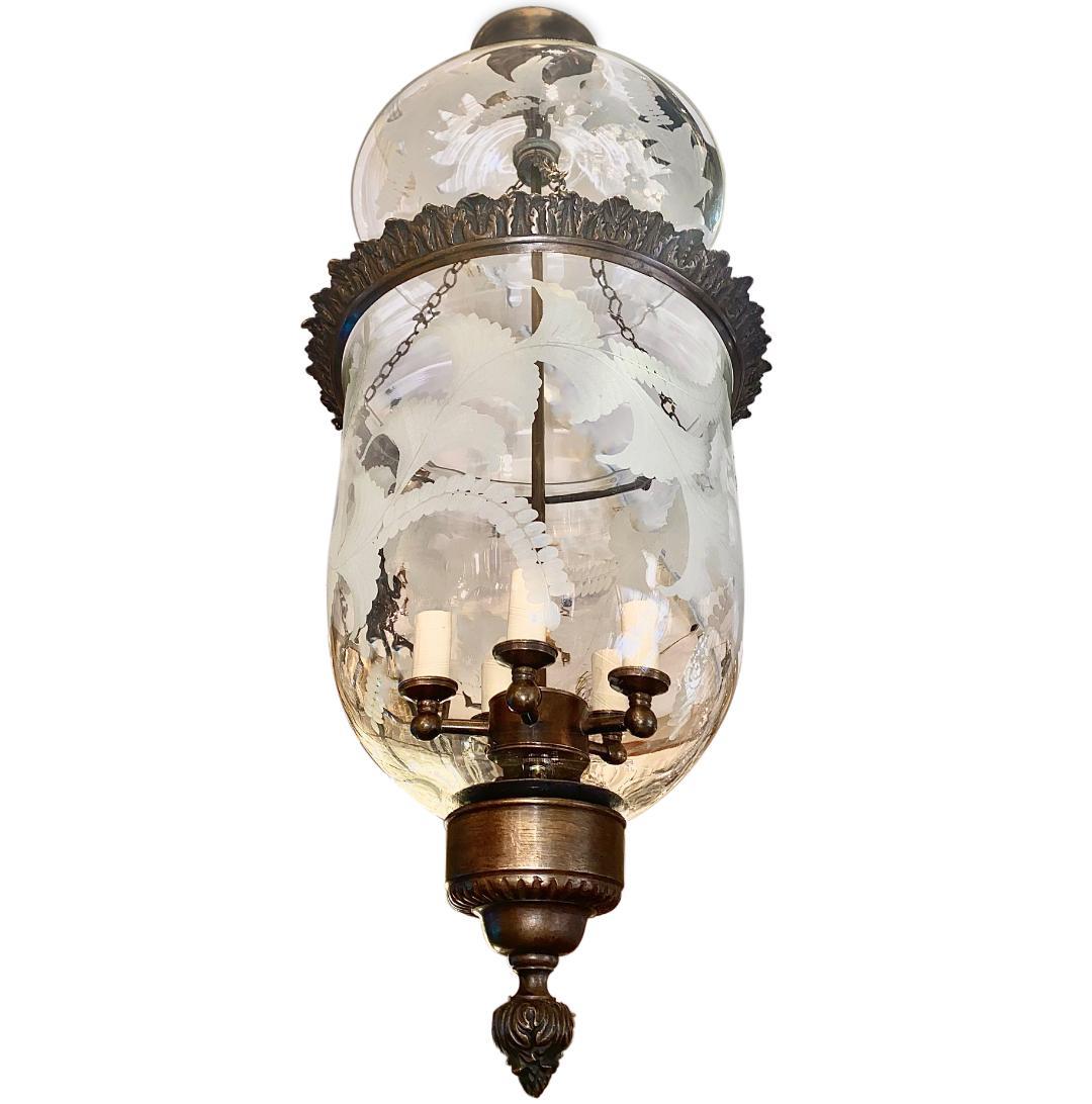 A circa 1930's Italian etched glass and lantern with interior lights cast bronze body.

Measurements:
Present drop: 33.5