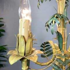 Large Italian Green Yellow Faux Bamboo Tole Chandelier, 1950s
