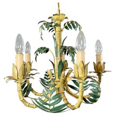 Large Italian Green Yellow Faux Bamboo Tole Chandelier, 1950s