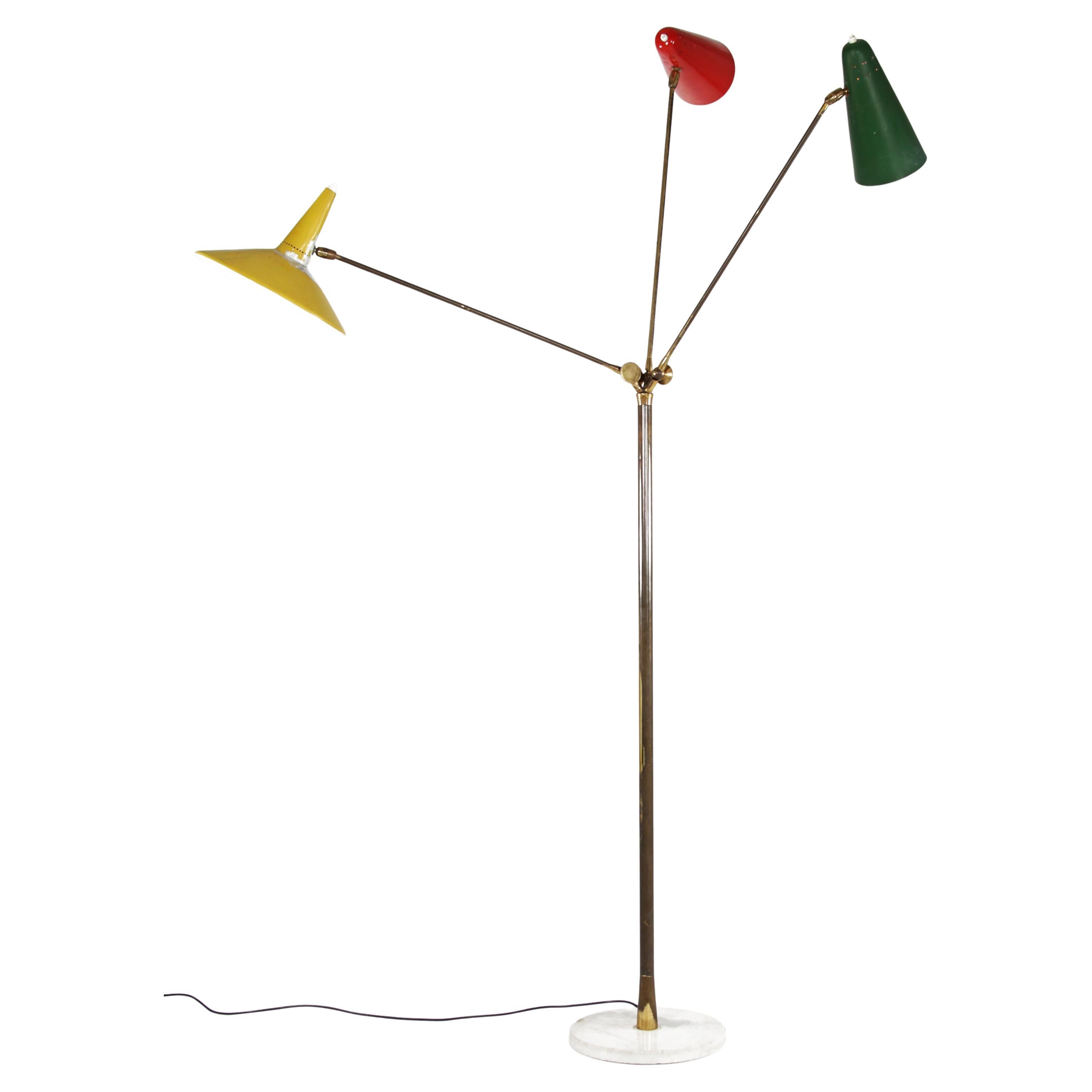 Large Italian Floor Lamp with Three Aluminium Shades, Italy, 1950s