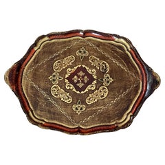 Large Italian Florentine Gilded Gilt Wood Serving Tray Toleware Tole, 1960s