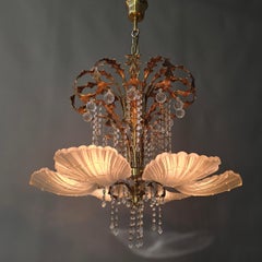 Large Italian Florentine Gilt Metal and Crystal Chandelier with Shell Glass