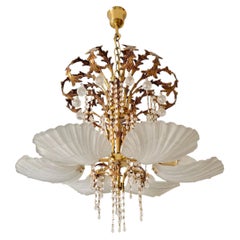 Large Italian Florentine Gilt Metal and Crystal Chandelier with Shell Glass