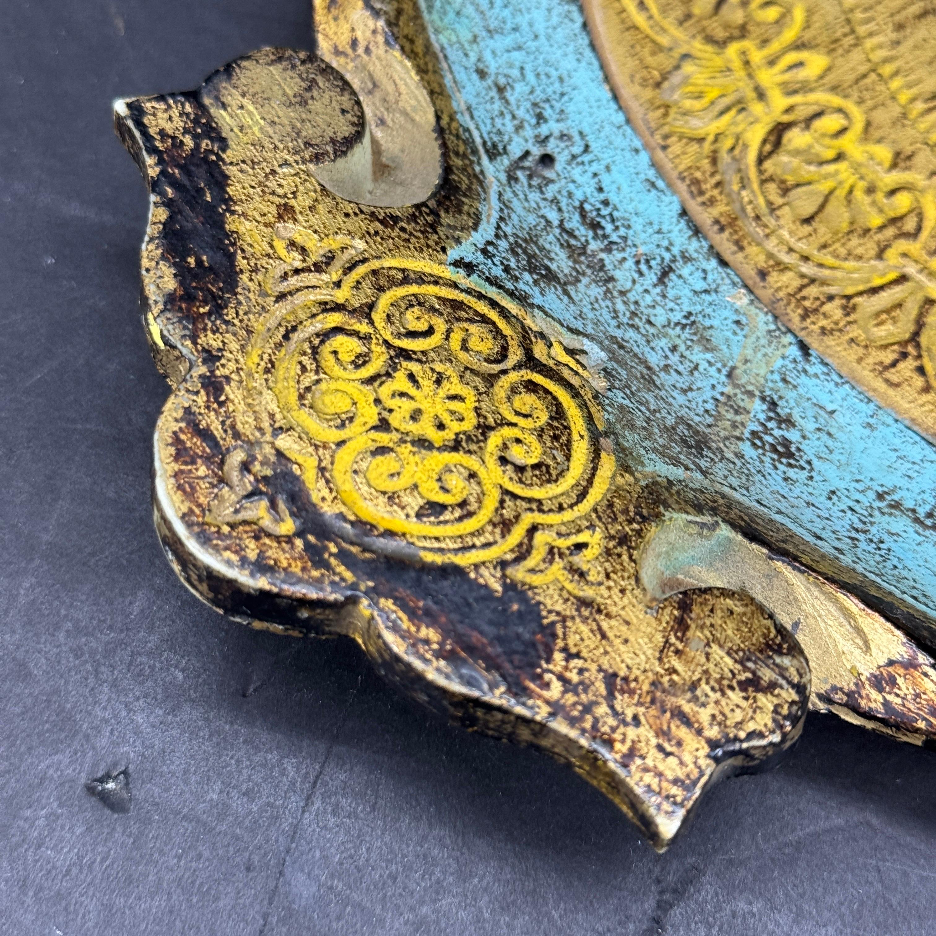 Grande vassoio italiano in legno dorato blu e oro con manici, Florentine in vendita 3