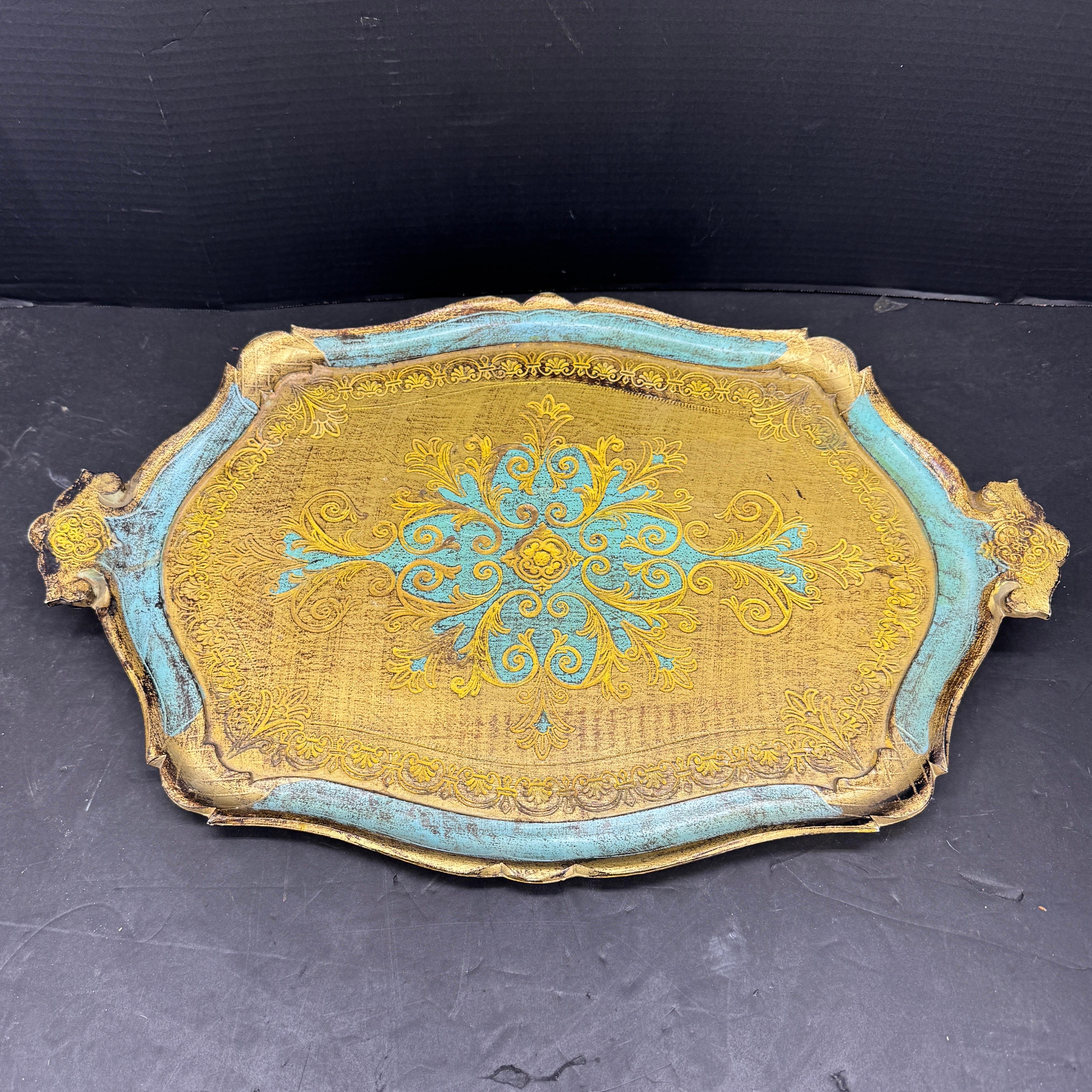 Grande vassoio italiano in legno dorato blu e oro con manici, Florentine in vendita 4