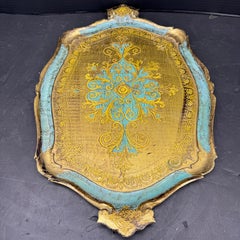 Grand plateau italien en bois doré Florentine bleu or avec poignées