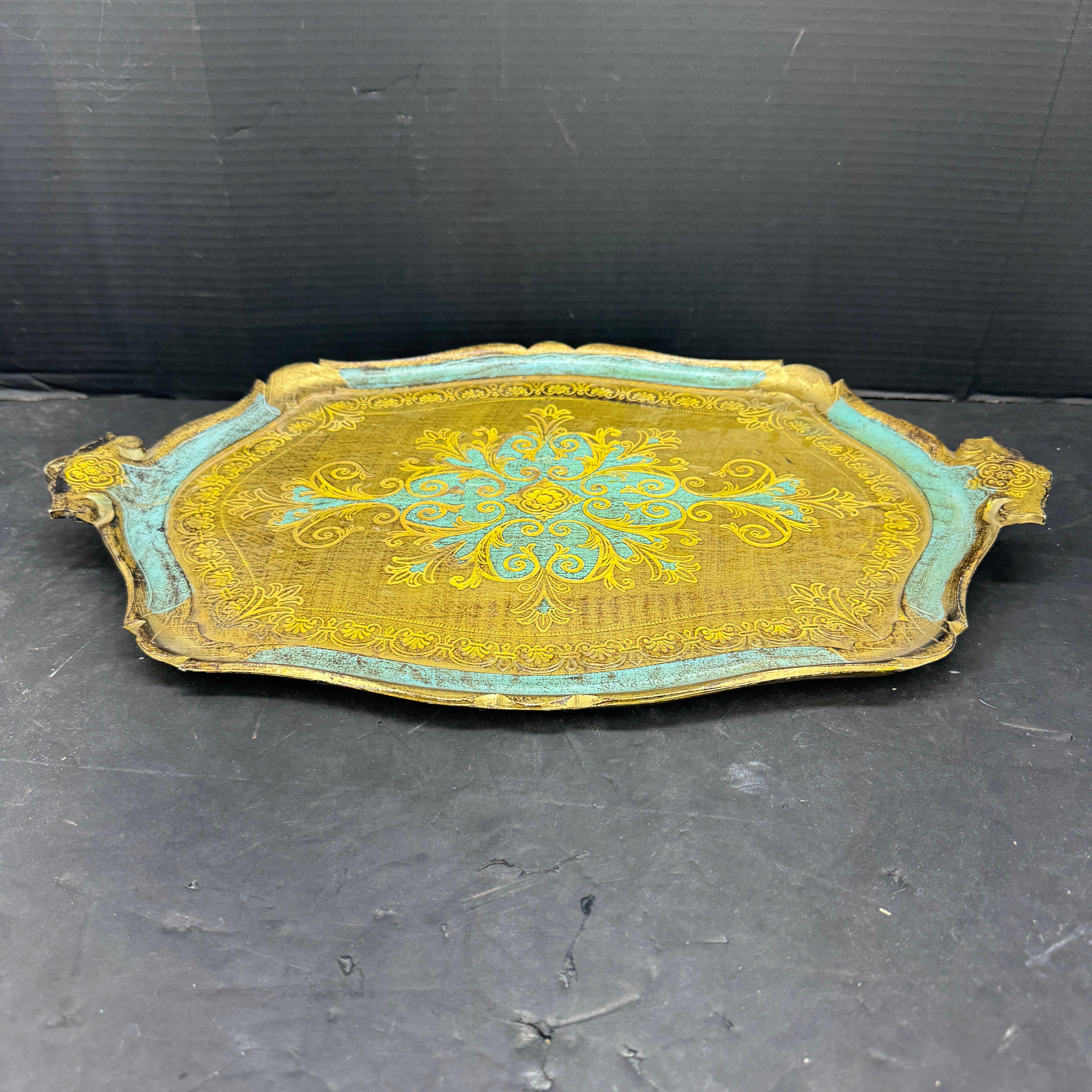 Mid-Century moderno Grande vassoio italiano in legno dorato blu e oro con manici, Florentine in vendita