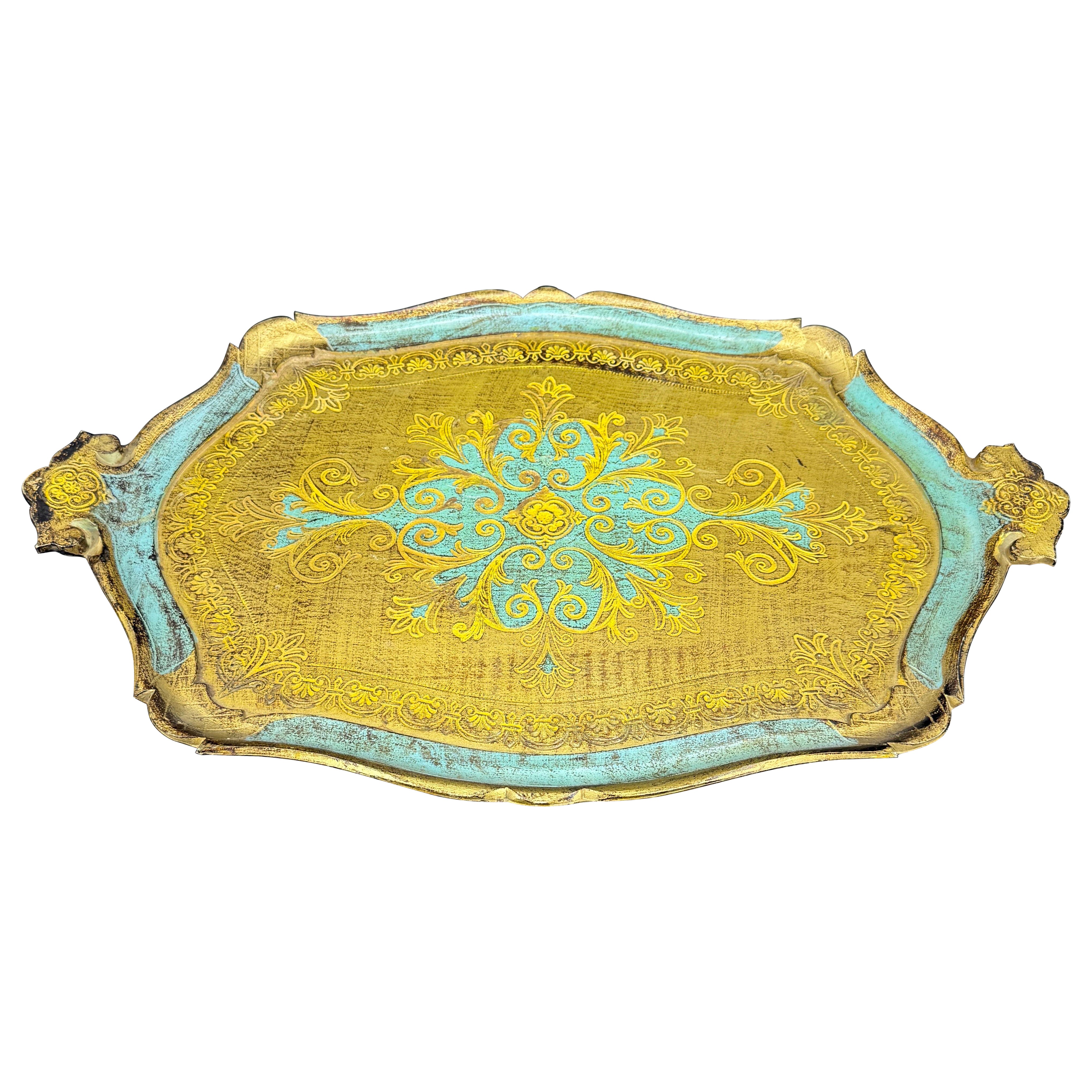 Große italienische Florentine vergoldet Holz Blau Gold Tablett w Griffe im Angebot