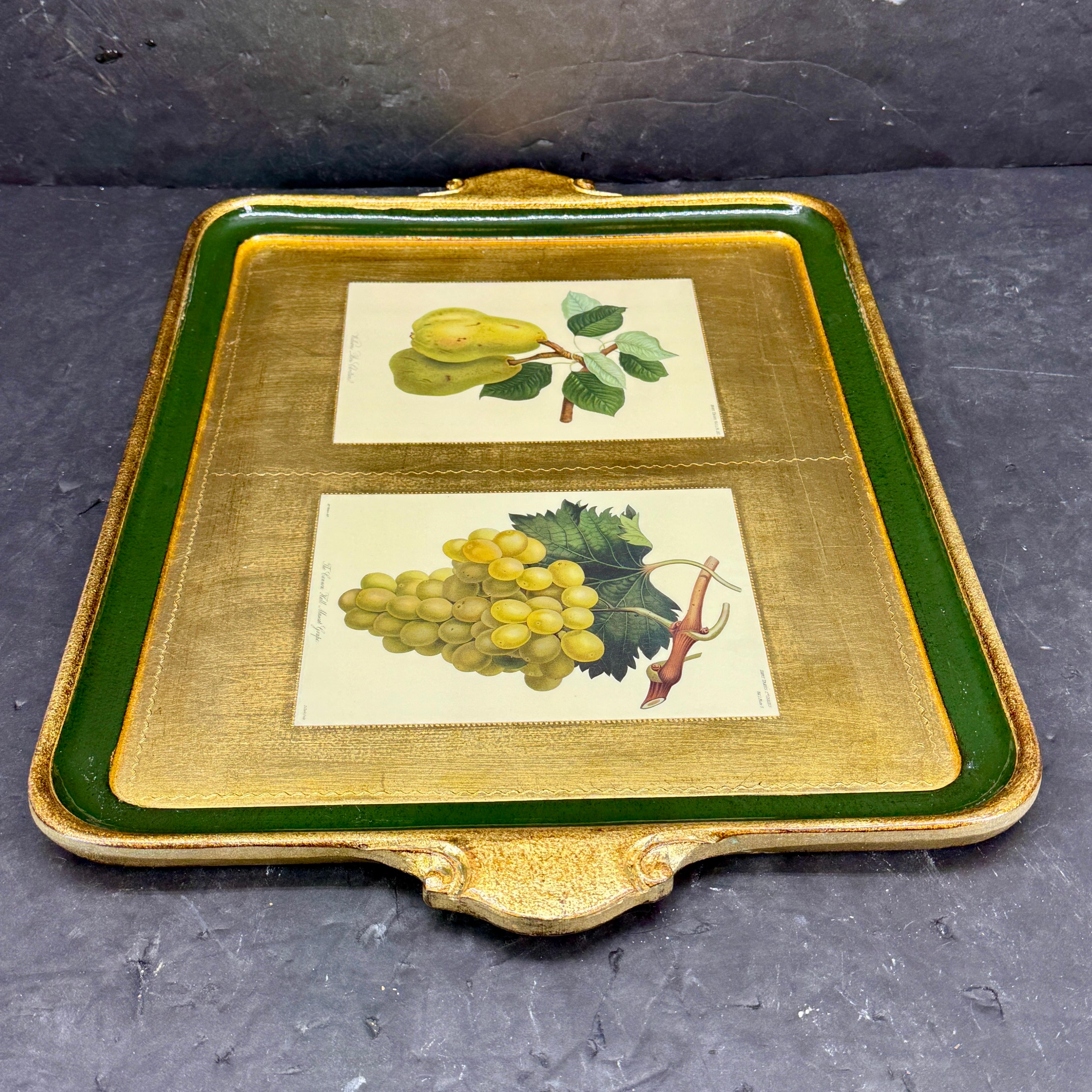 Mid-Century Modern Large Italian Florentine Gilt Wood Gold Tray with Fruits en vente
