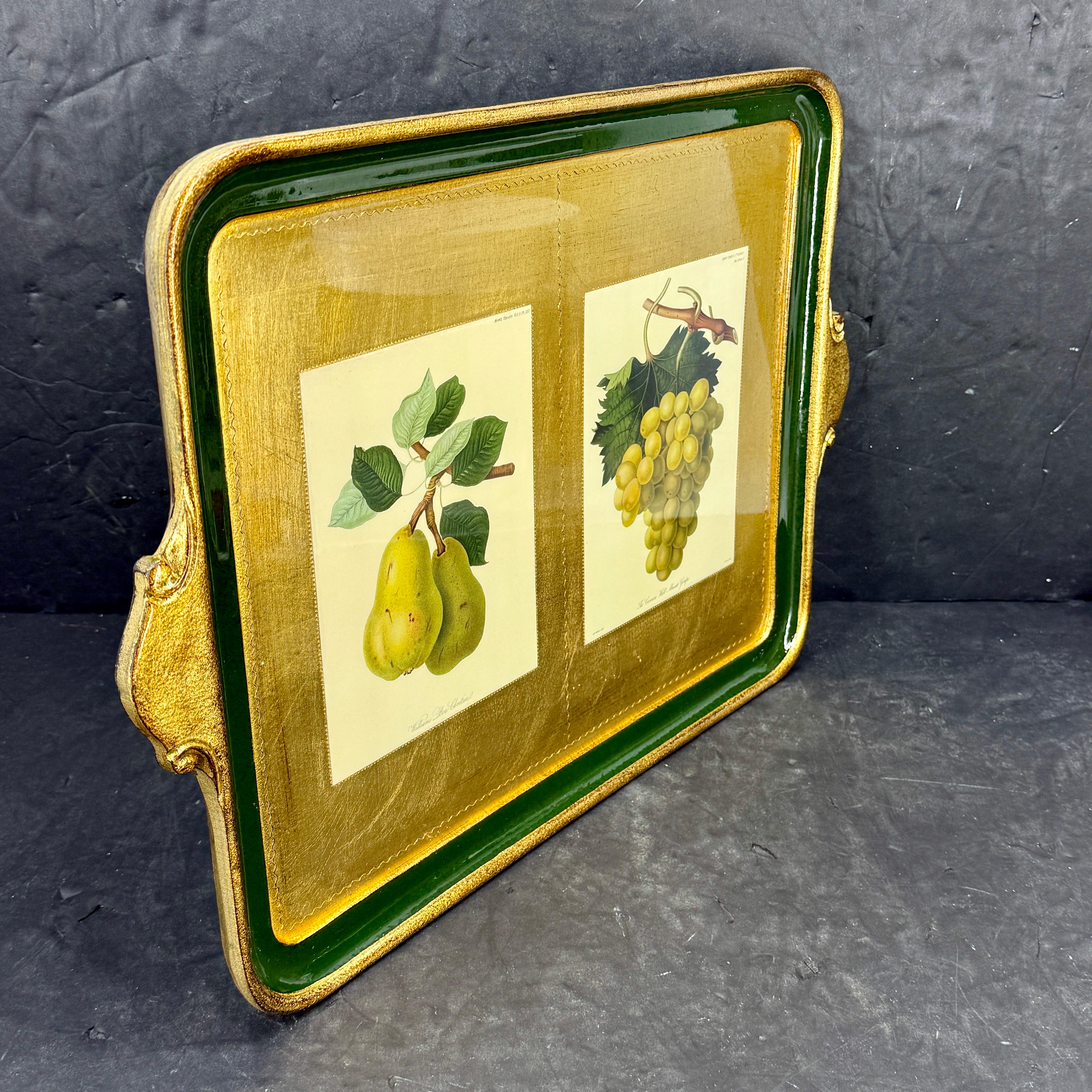 Fait main Large Italian Florentine Gilt Wood Gold Tray with Fruits en vente