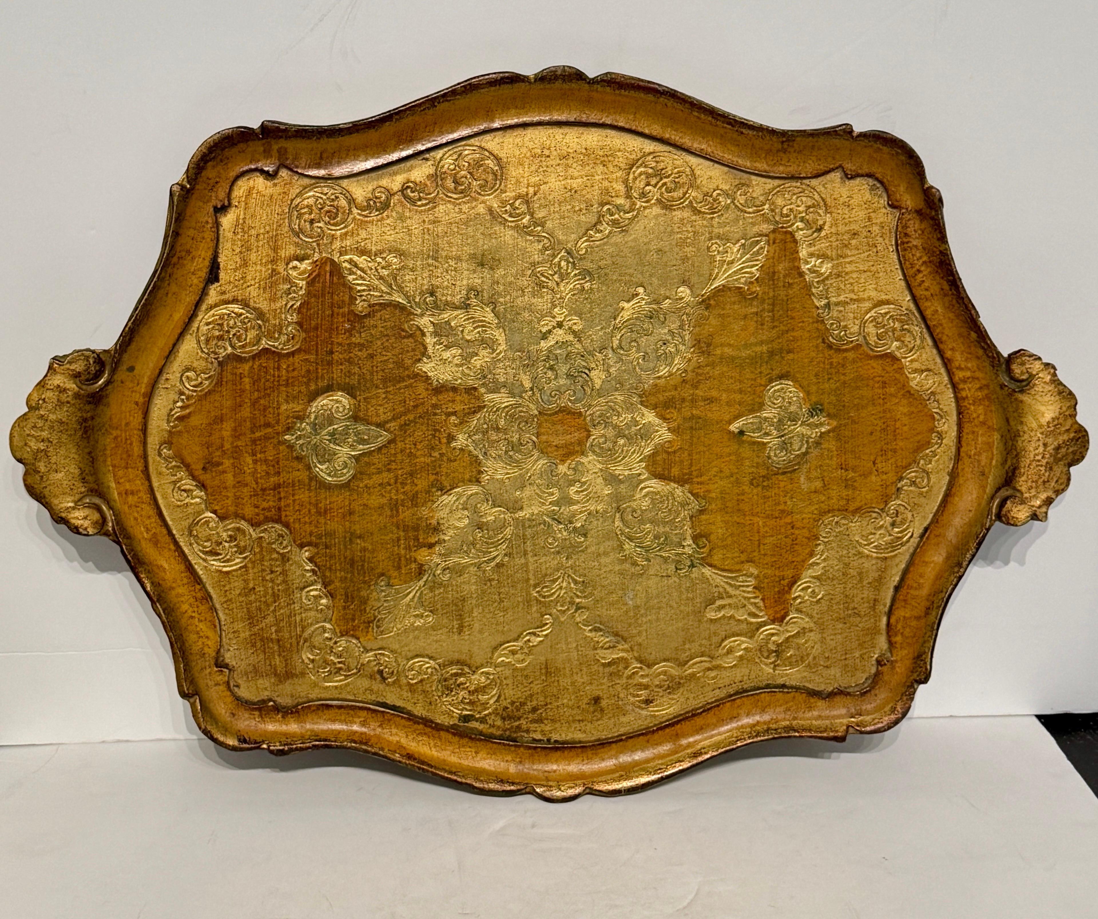 Mid-Century Modern Large Italian Florentine Gilt Wood Yellow Gold Tray w Handles