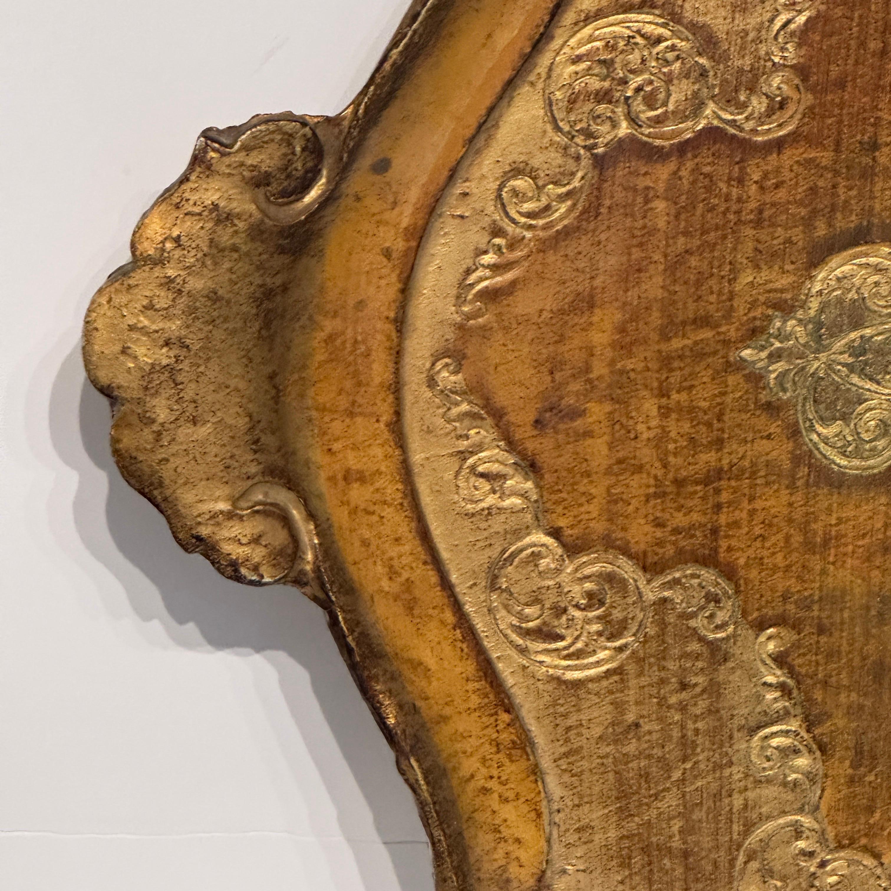 Hand-Crafted Large Italian Florentine Gilt Wood Yellow Gold Tray w Handles