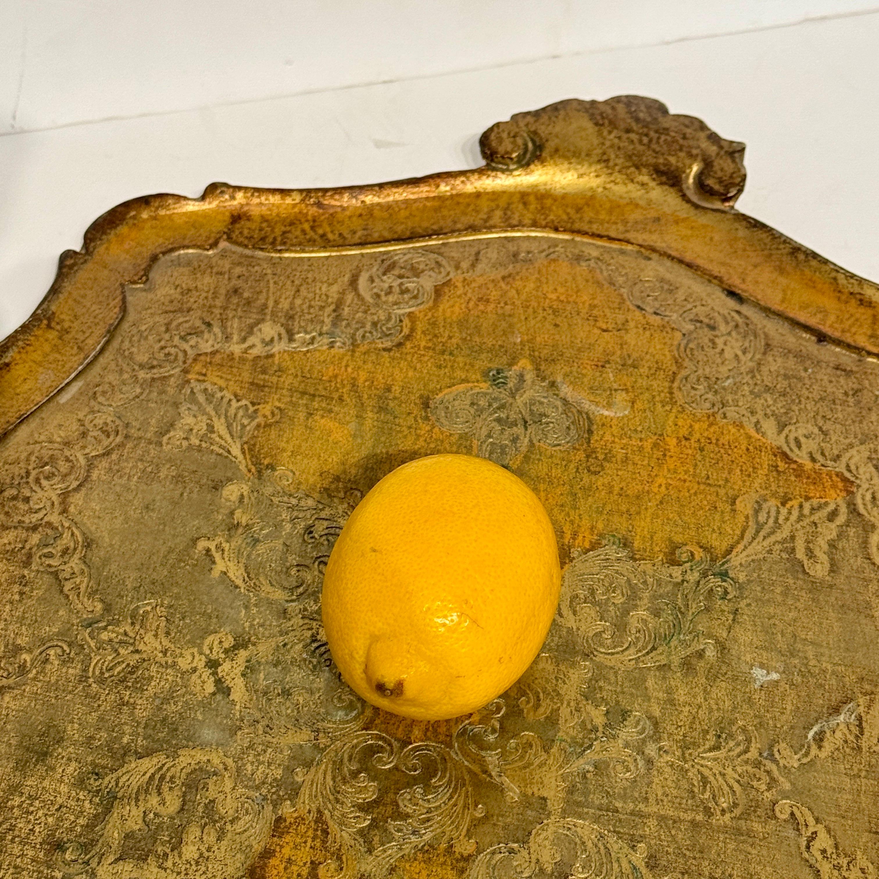 Large Italian Florentine Gilt Wood Yellow Gold Tray w Handles 1