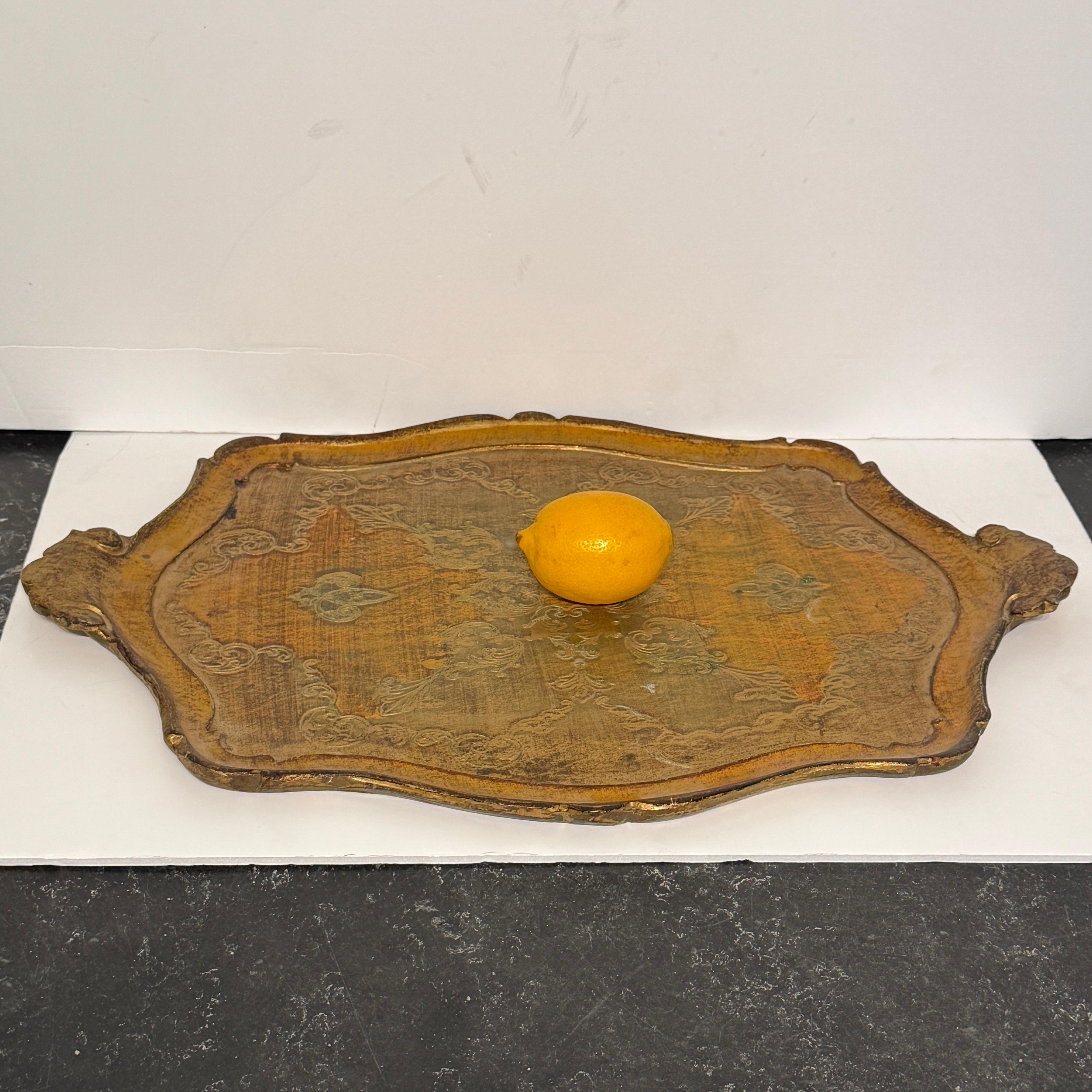Large Italian Florentine Gilt Wood Yellow Gold Tray w Handles 2