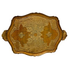 Large Italian Florentine Gilt Wood Yellow Gold Tray w Handles