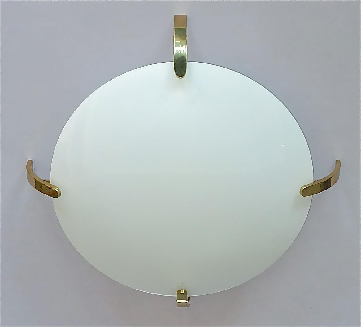 Large Italian Flush Mount Angelo Lelii Arredoluce 1950s Lamp White Glass Brass For Sale 8