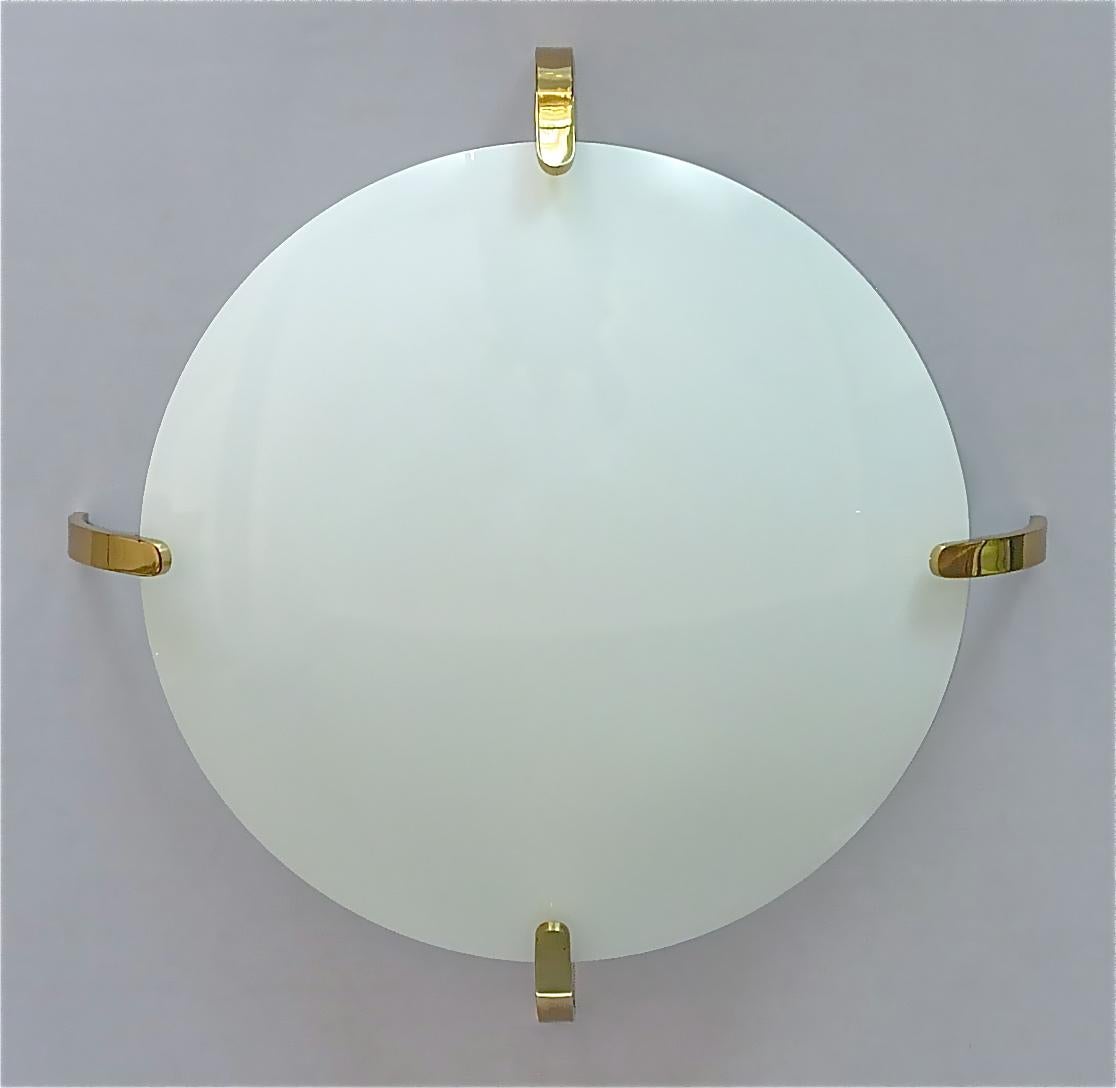 Large Italian Flush Mount Angelo Lelii Arredoluce 1950s Lamp White Glass Brass For Sale 9