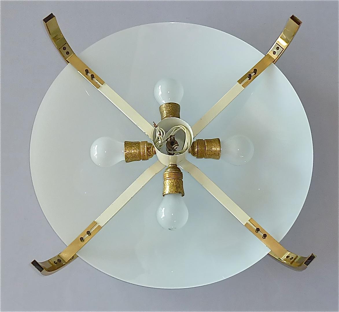 Mid-20th Century Large Italian Flush Mount Angelo Lelii Arredoluce 1950s Lamp White Glass Brass For Sale