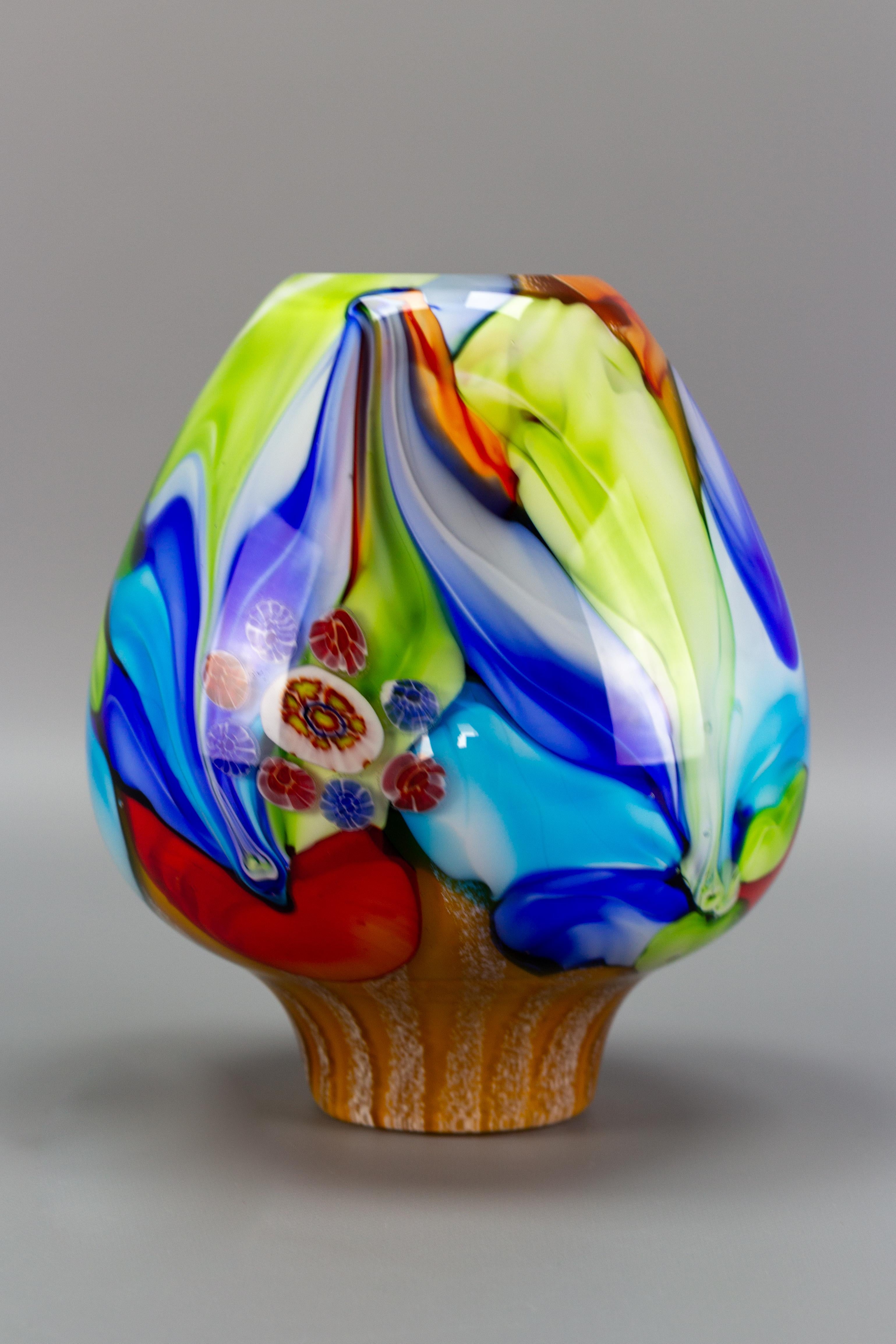 Large Italian Murano Glass Millefiori Flowers Convex Vase 3