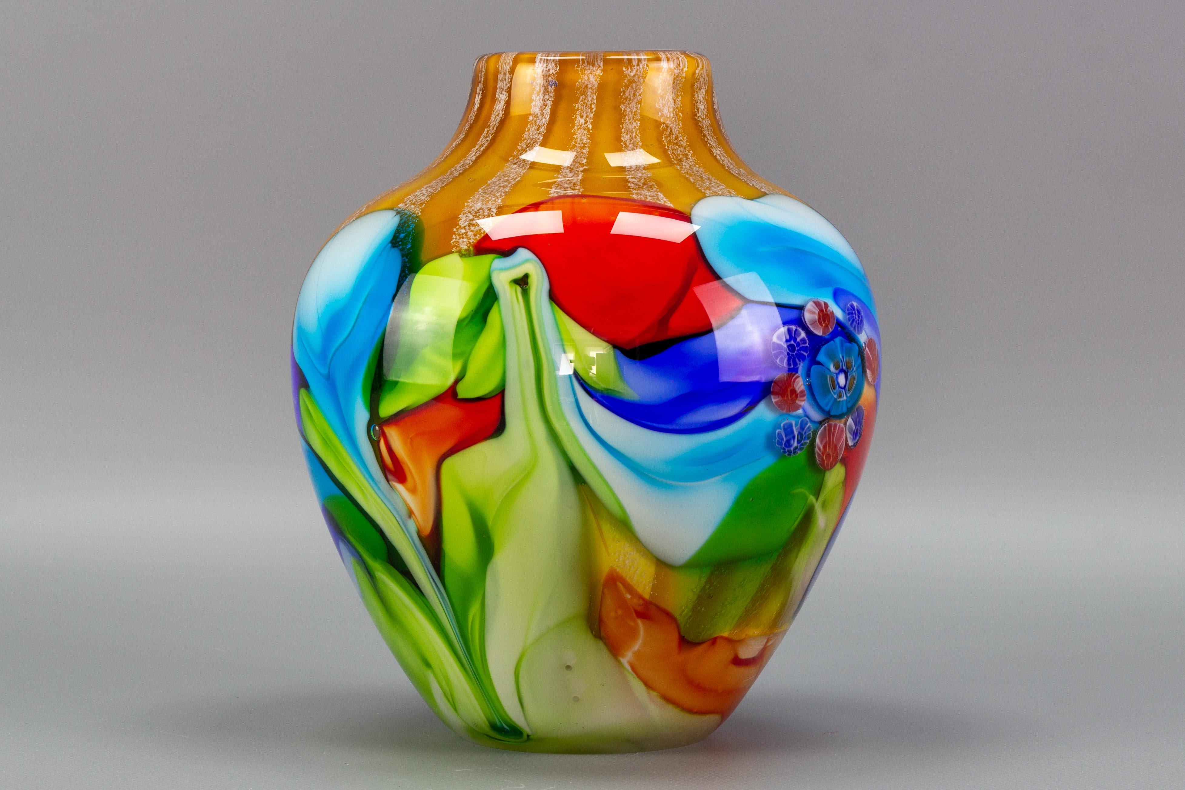 Mid-Century Modern Large Italian Murano Glass Millefiori Flowers Convex Vase