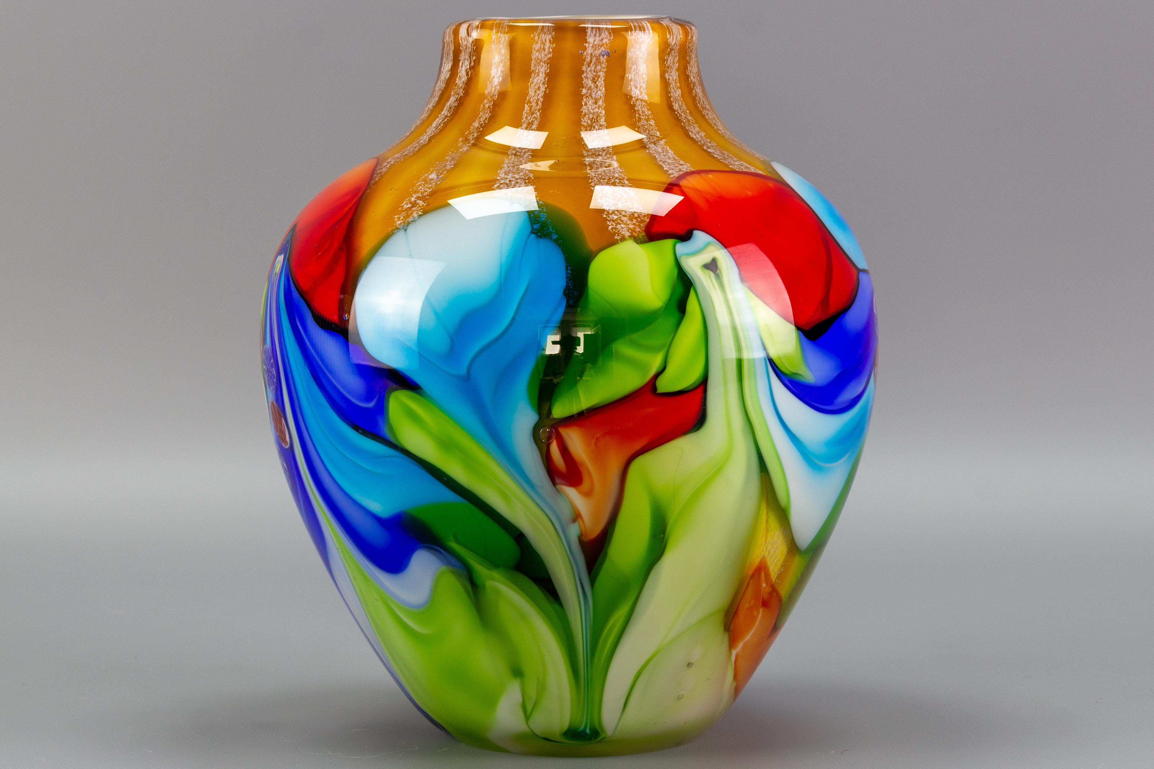 Hand-Crafted Large Italian Murano Glass Millefiori Flowers Convex Vase