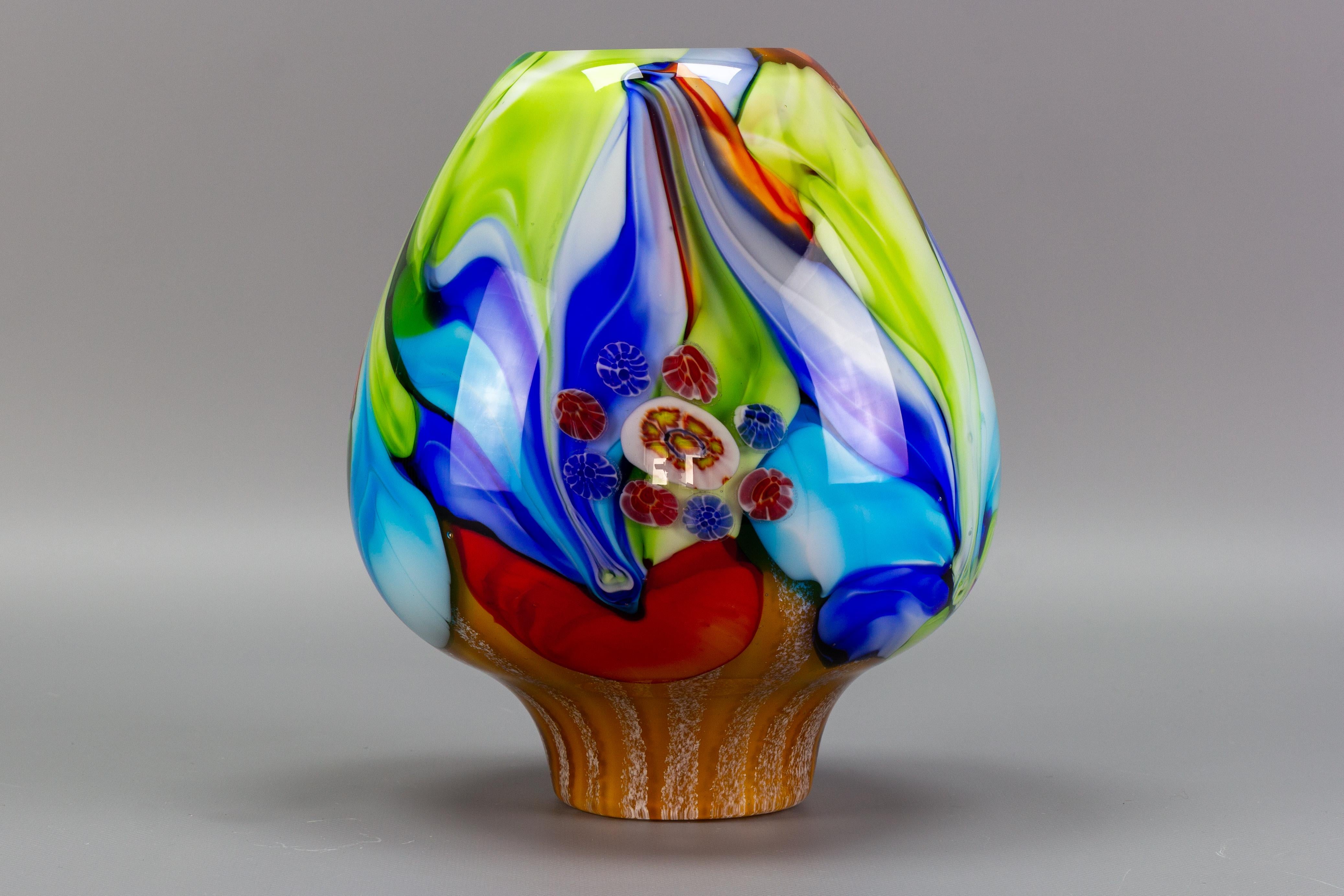Late 20th Century Large Italian Murano Glass Millefiori Flowers Convex Vase
