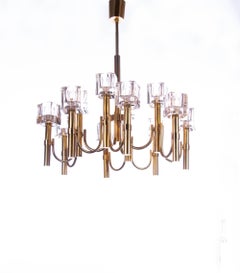 1970s Italy Sciolari Modernist Chandelier Twelve Cubist Glass & Brass