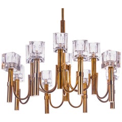 Vintage 1970s Italy Sciolari Modernist Chandelier Twelve Cubist Glass & Brass