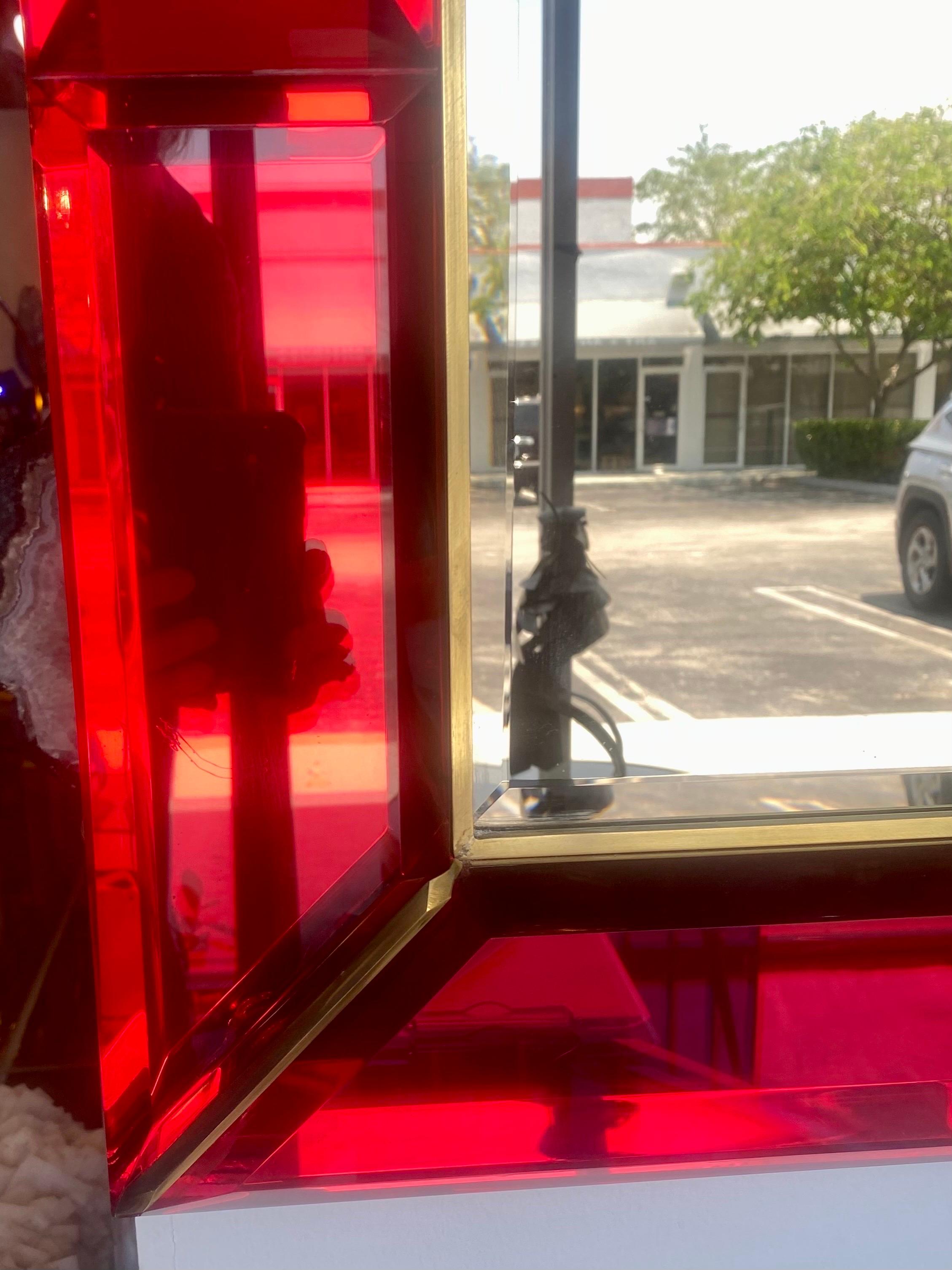Mid-Century Modern Large Italian Gem Beveled Ruby Red Mirror with Brass Trim For Sale