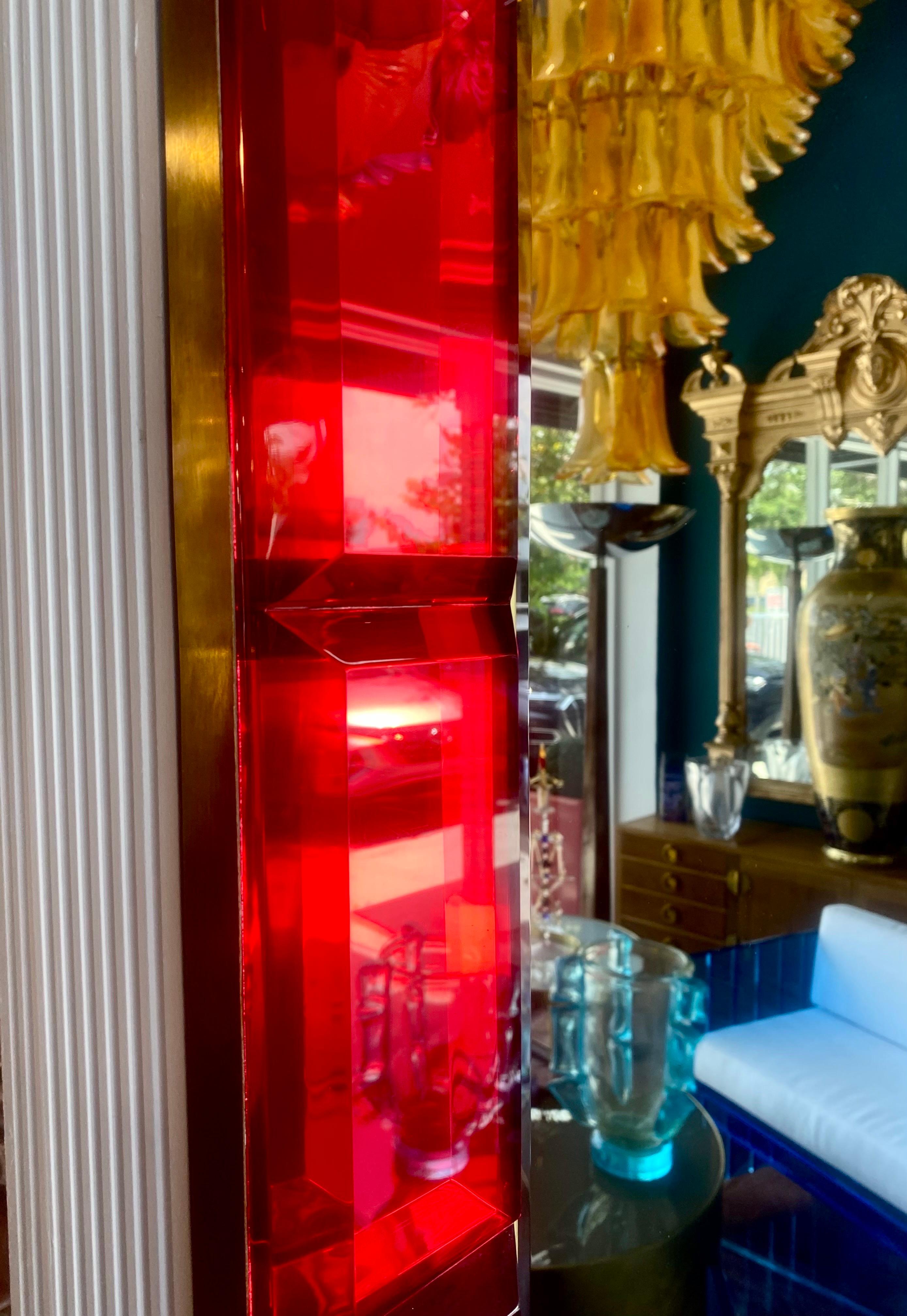 Hand-Crafted Large Italian Gem Beveled Ruby Red Mirror with Brass Trim For Sale