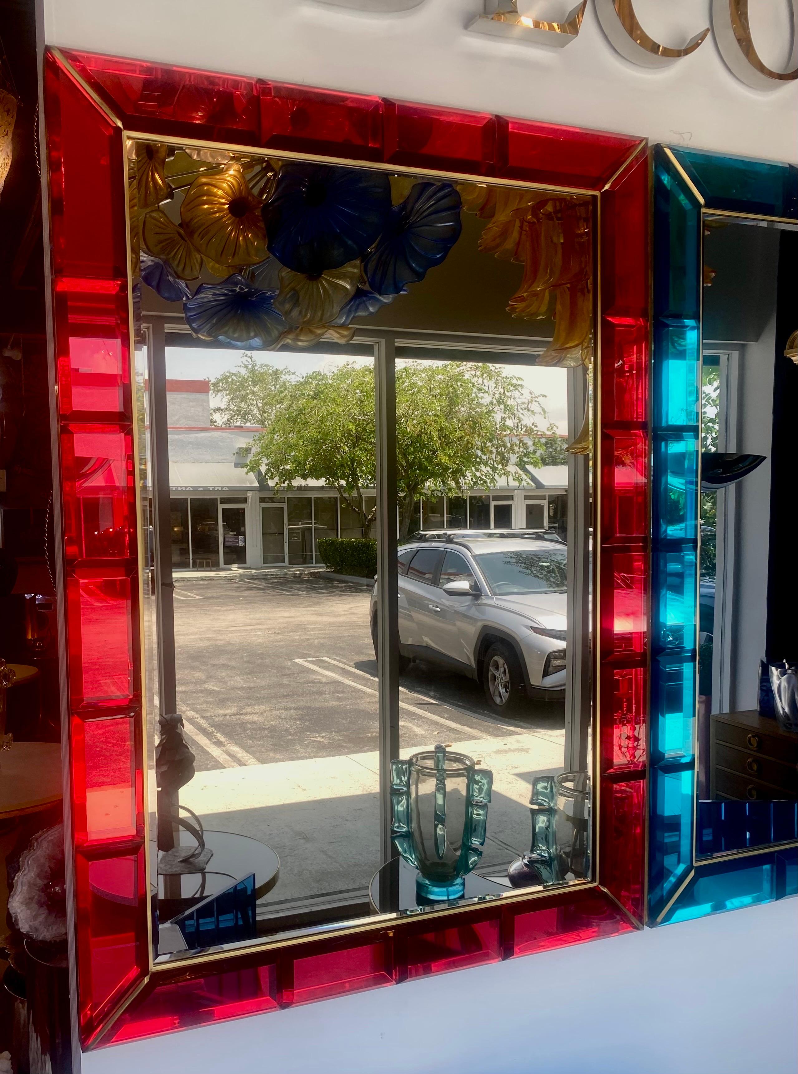 Large Italian Gem Beveled Ruby Red Mirror with Brass Trim In Good Condition For Sale In Miami, FL